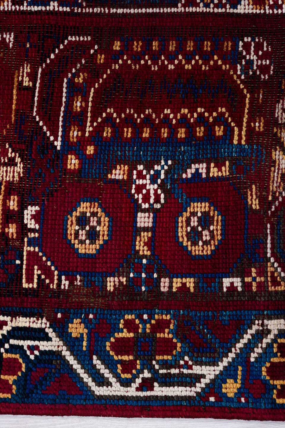 6' x 18' one-of-a-kind handmade antique Moroccan rug. Color palette: crimson, indigo, ivory, navy, rust, saffron, camel, red