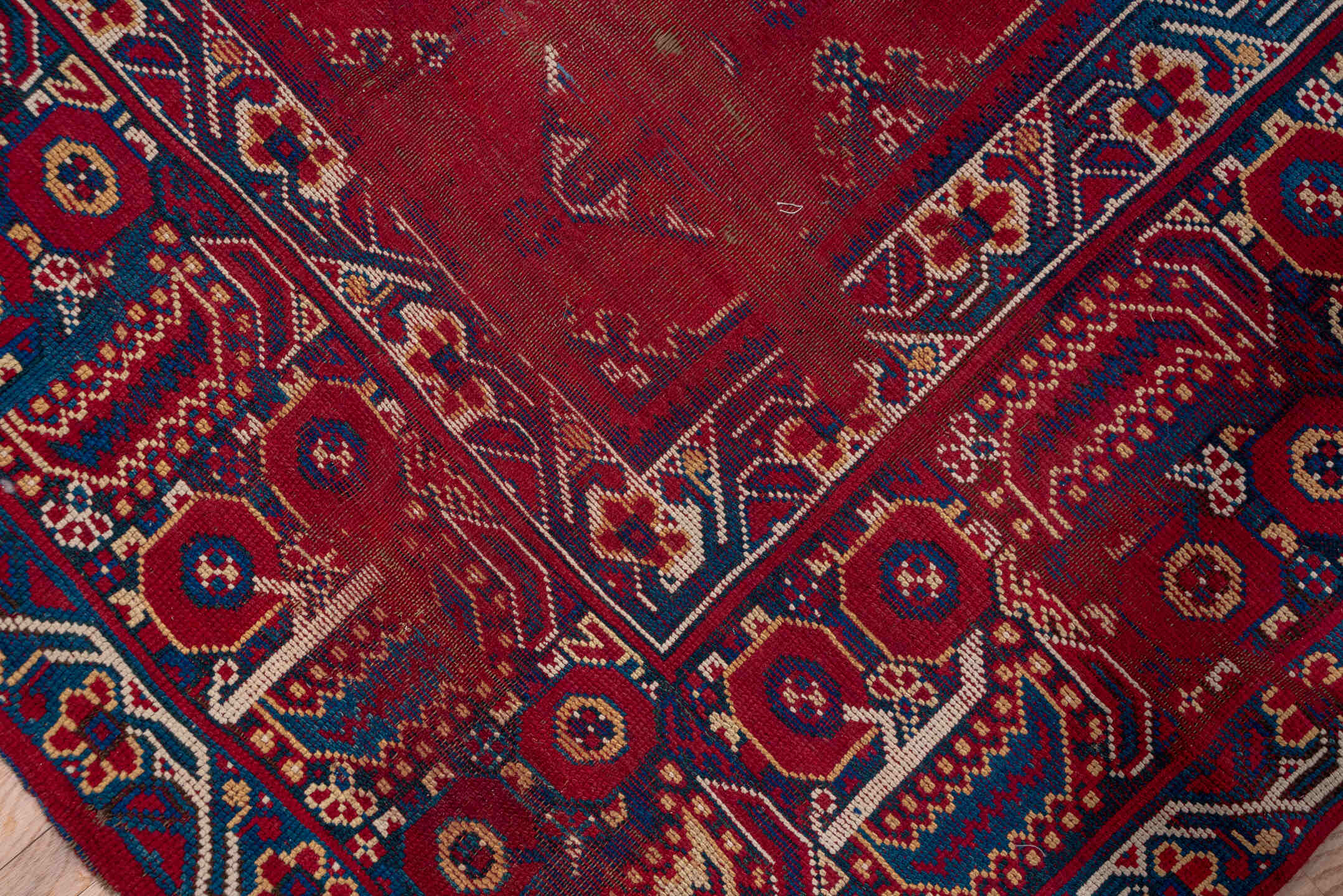 6' x 18' one-of-a-kind handmade antique Moroccan rug. Color palette: crimson, indigo, ivory, navy, rust, saffron, camel, red