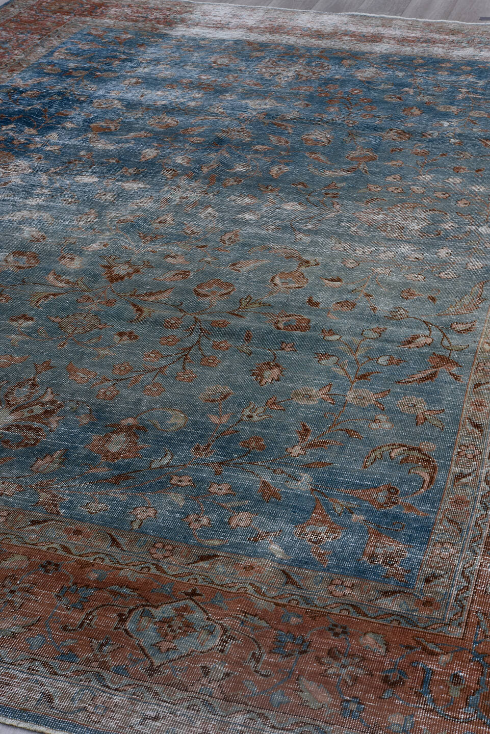 8' x 12' one-of-a-kind handmade antique Laristan large size rug. Color palette: blue, rust, ivory, taupe, slate, terra cotta