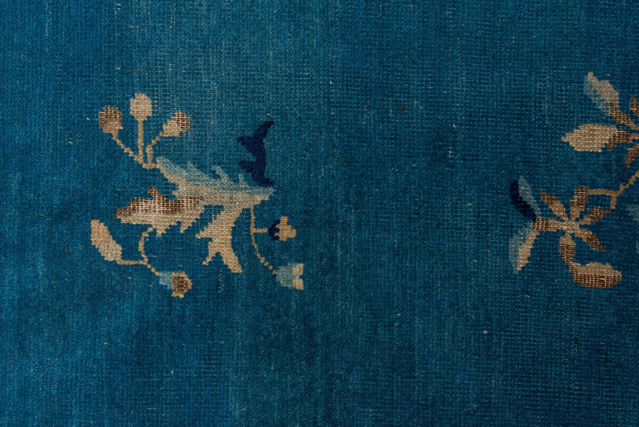 8' x 9' one-of-a-kind handmade vintage Chinese rug. Color palette: blue, ivory, navy, beige, teal, camel