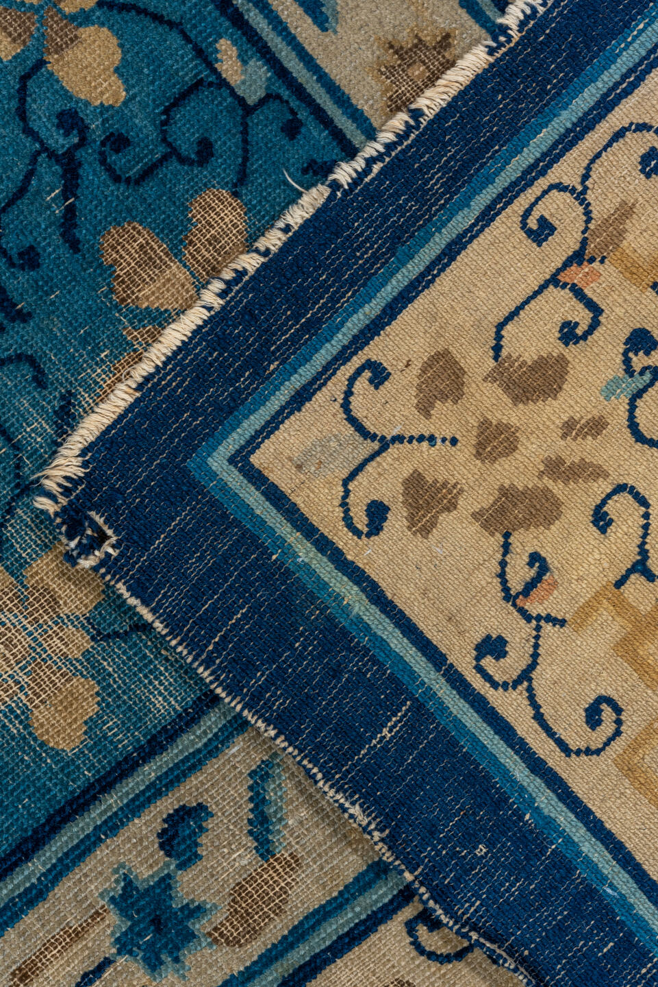8' x 9' one-of-a-kind handmade vintage Chinese rug. Color palette: blue, ivory, navy, beige, teal, camel
