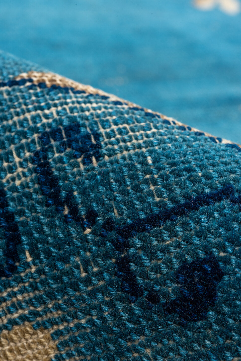 8' x 9' one-of-a-kind handmade vintage Chinese rug. Color palette: blue, ivory, navy, beige, teal, camel