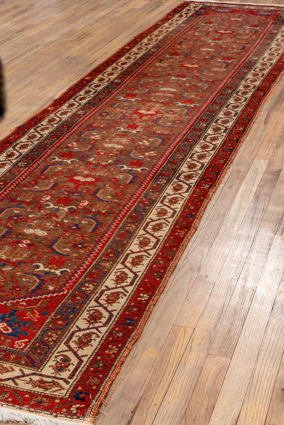 3' x 13' one-of-a-kind handmade vintage Malayer runner rug. Color palette: rust, camel, ivory, navy, crimson, brown, slate