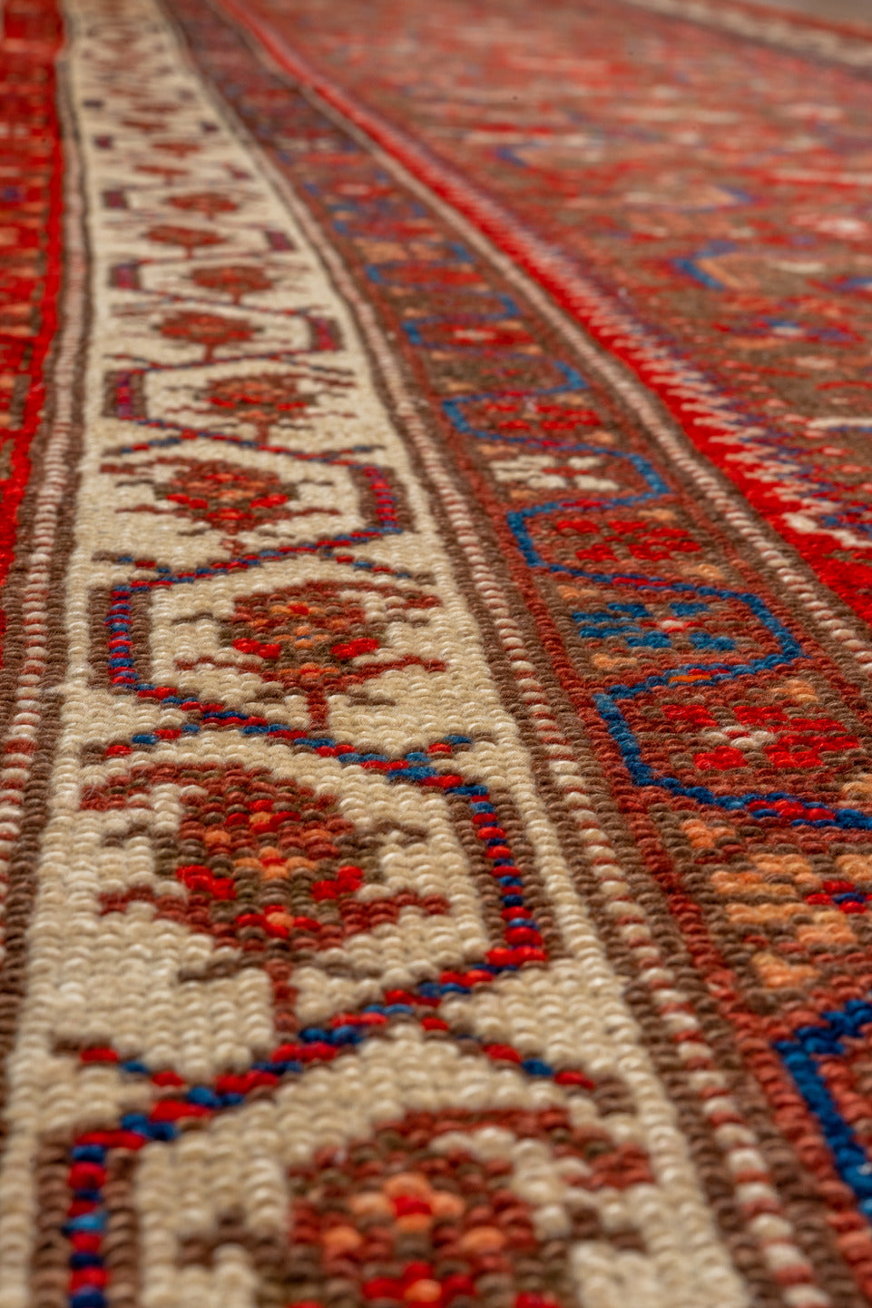 3' x 13' one-of-a-kind handmade vintage Malayer runner rug. Color palette: rust, camel, ivory, navy, crimson, brown, slate
