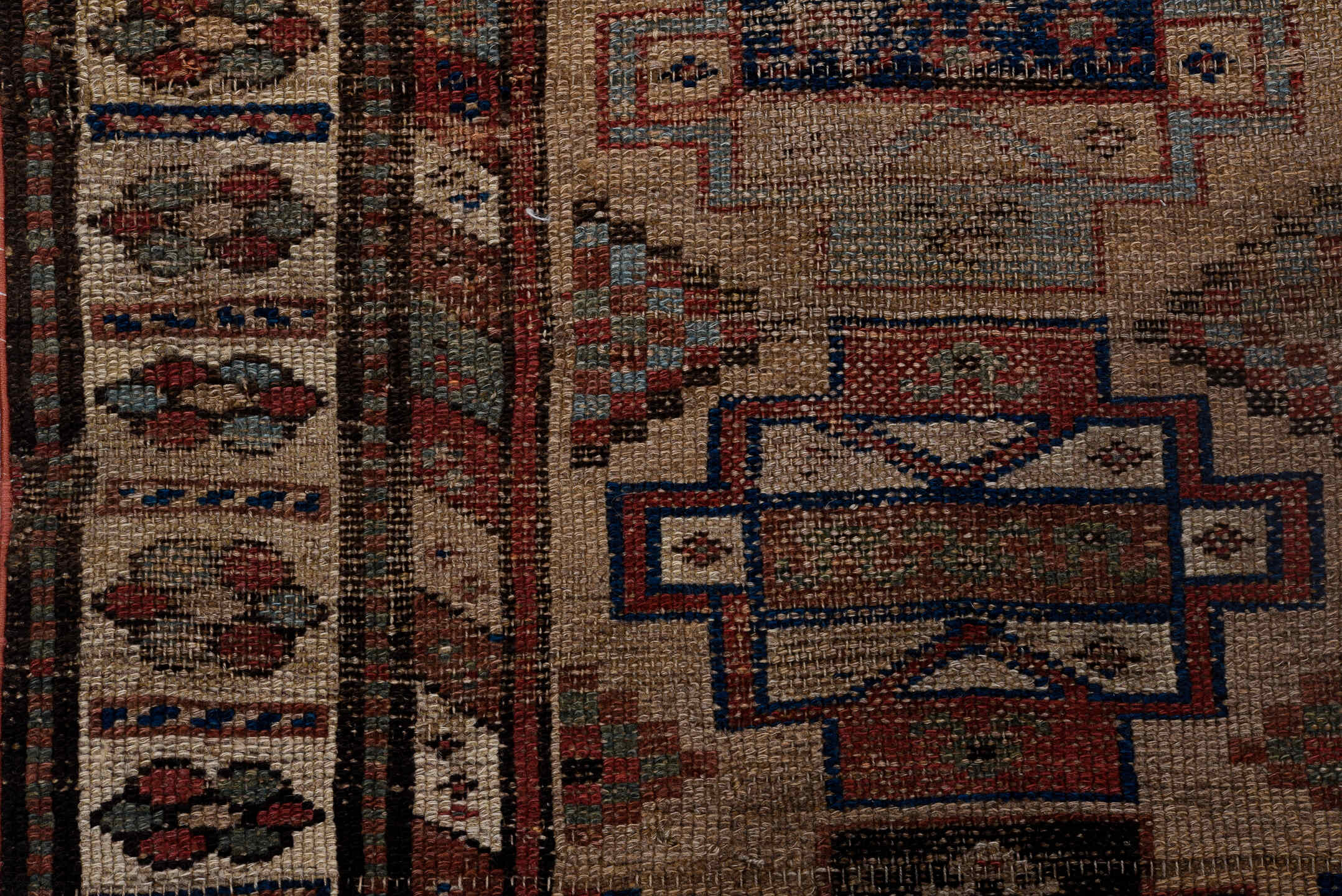 2' x 8' one-of-a-kind handmade antique NW Persian runner rug. Color palette: ivory, rust, indigo, camel, taupe, charcoal