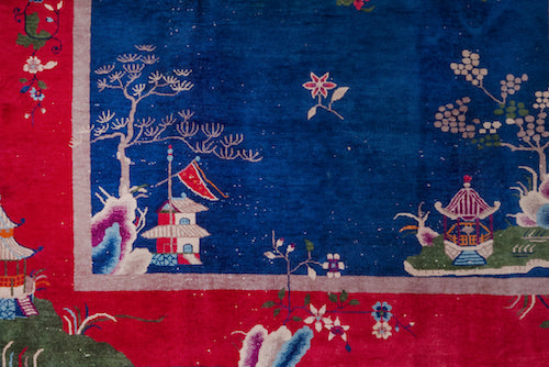 Red and royal blue handmade vintage Chinese area rug