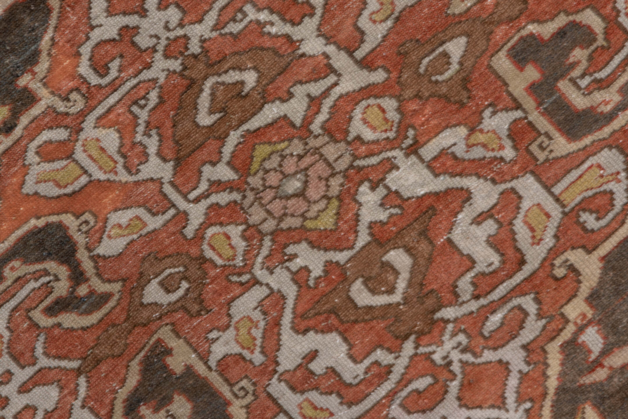 4' x 6' one-of-a-kind handmade antique Baktiary small size rug. Color palette: brown, rust, ivory, slate, camel, terra cotta
