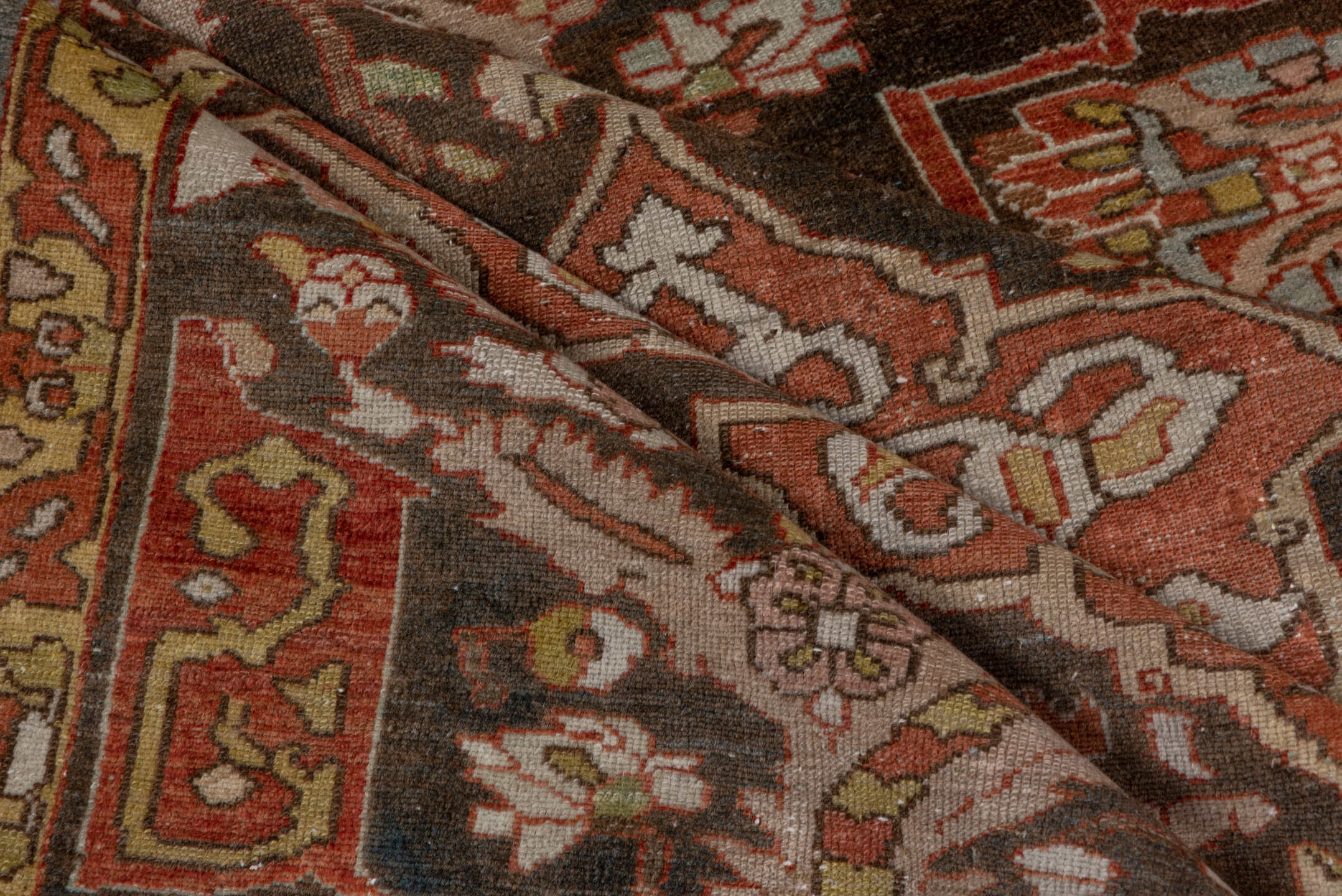 4' x 6' one-of-a-kind handmade antique Baktiary small size rug. Color palette: brown, rust, ivory, slate, camel, terra cotta
