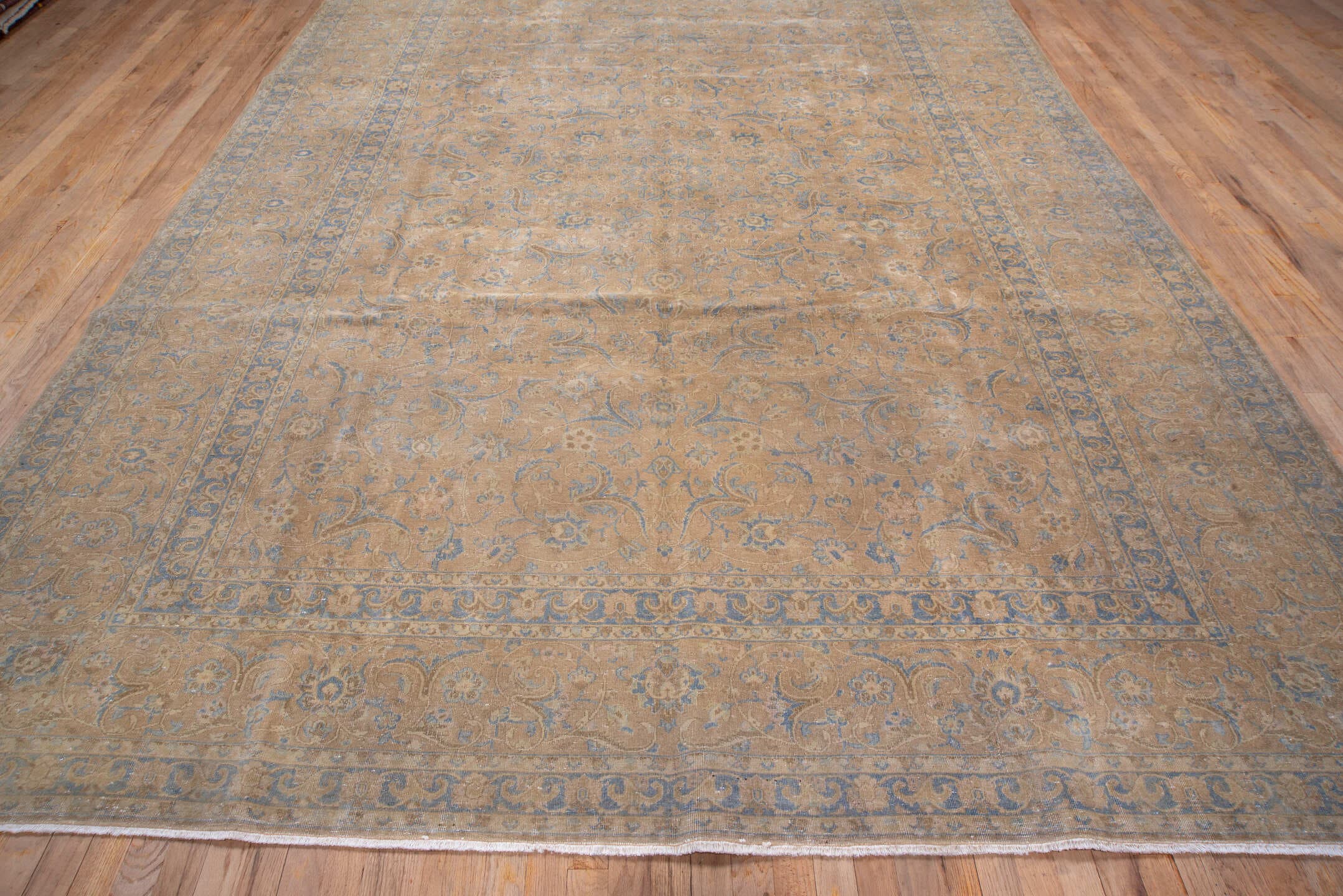 9' x 12' one-of-a-kind handmade antique Kashan large size rug. Color palette: beige, pale blue, ivory, taupe, camel