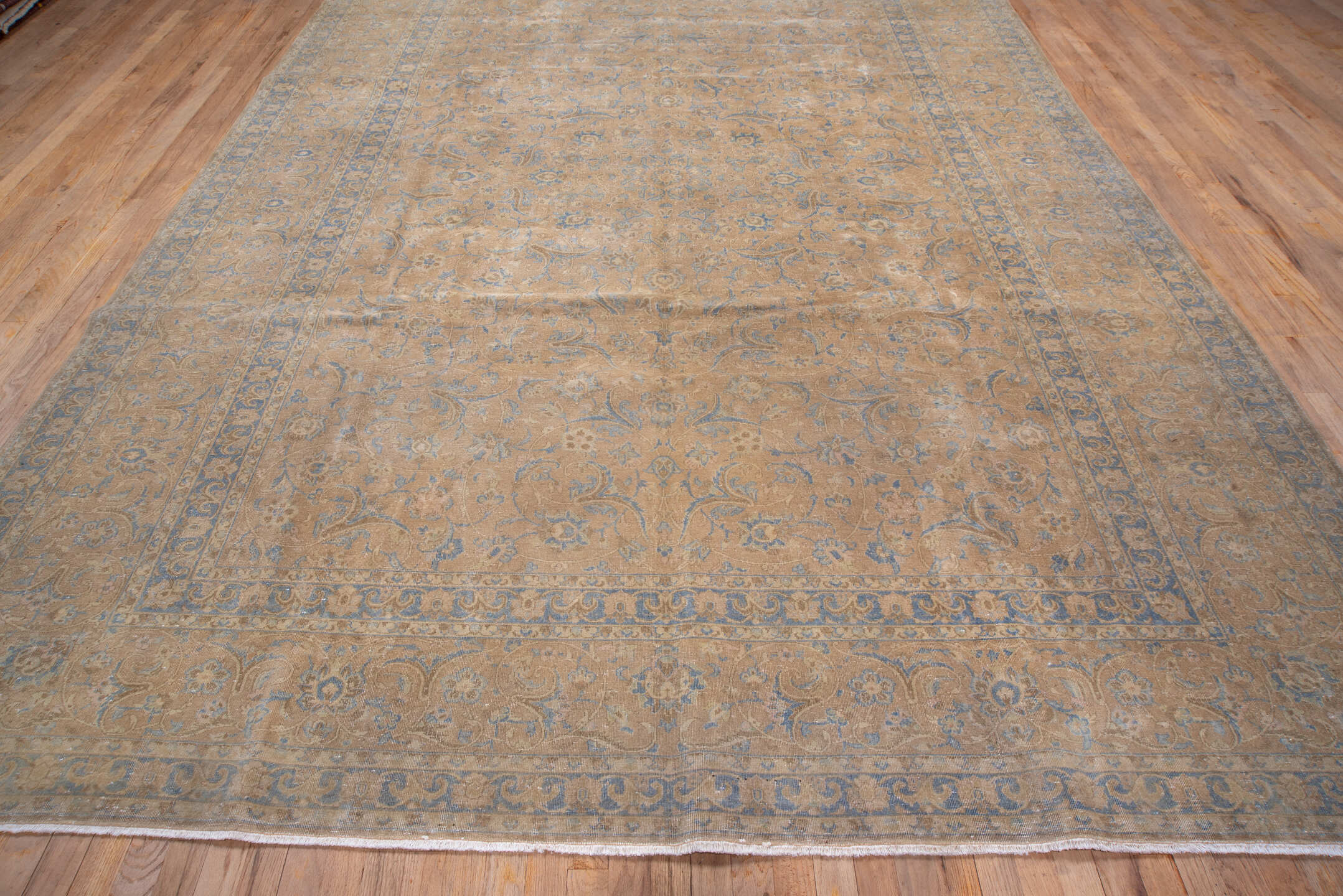 9' x 12' one-of-a-kind handmade antique Kashan large size rug. Color palette: beige, pale blue, ivory, taupe, camel