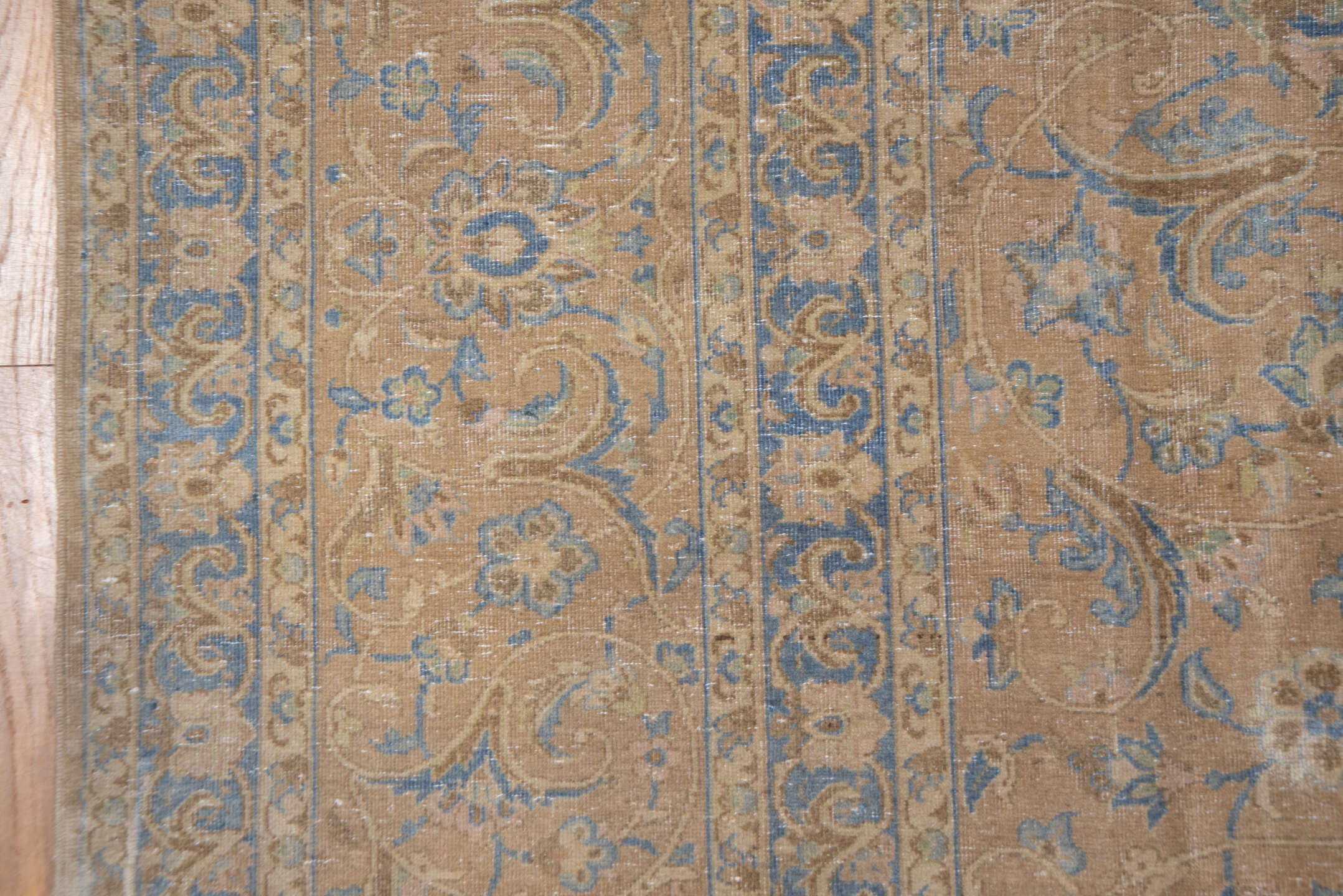 9' x 12' one-of-a-kind handmade antique Kashan large size rug. Color palette: beige, pale blue, ivory, taupe, camel