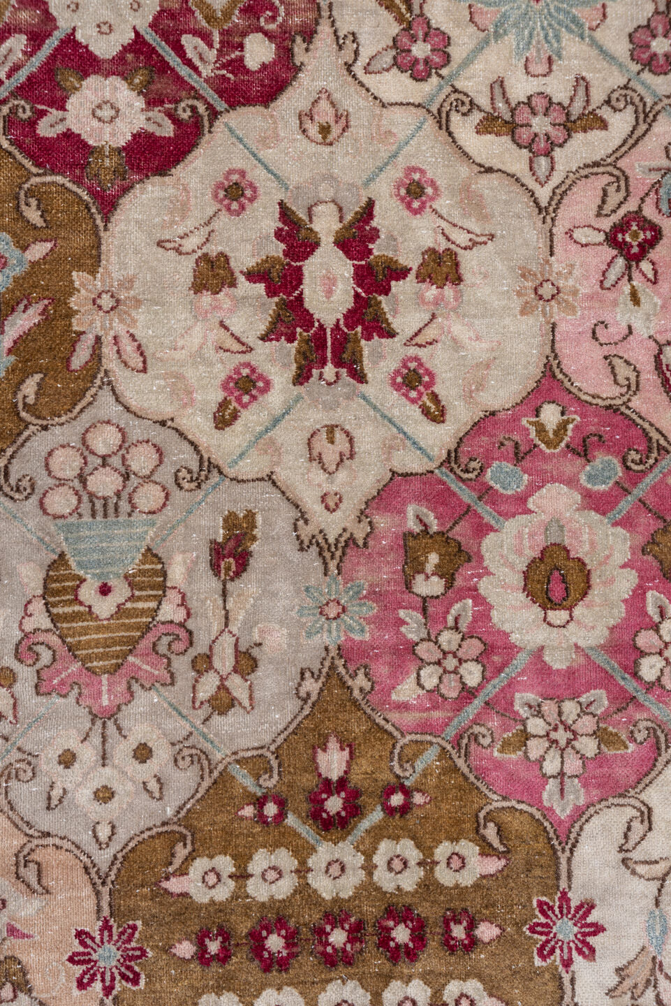 10' x 12' one-of-a-kind handmade antique Kerman large size rug. Color palette: ivory, rose, burgundy, taupe, camel, blush