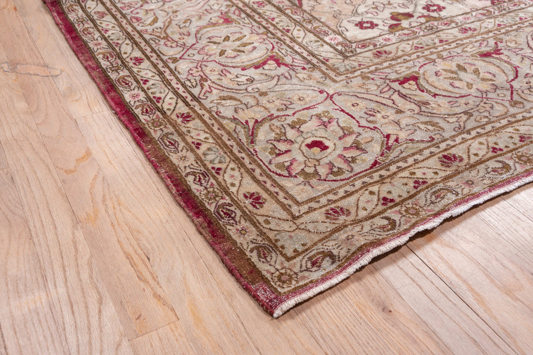 10' x 12' one-of-a-kind handmade vintage Kerman large size rug. Color palette: brown, gray, light gray, off-white, pink, red