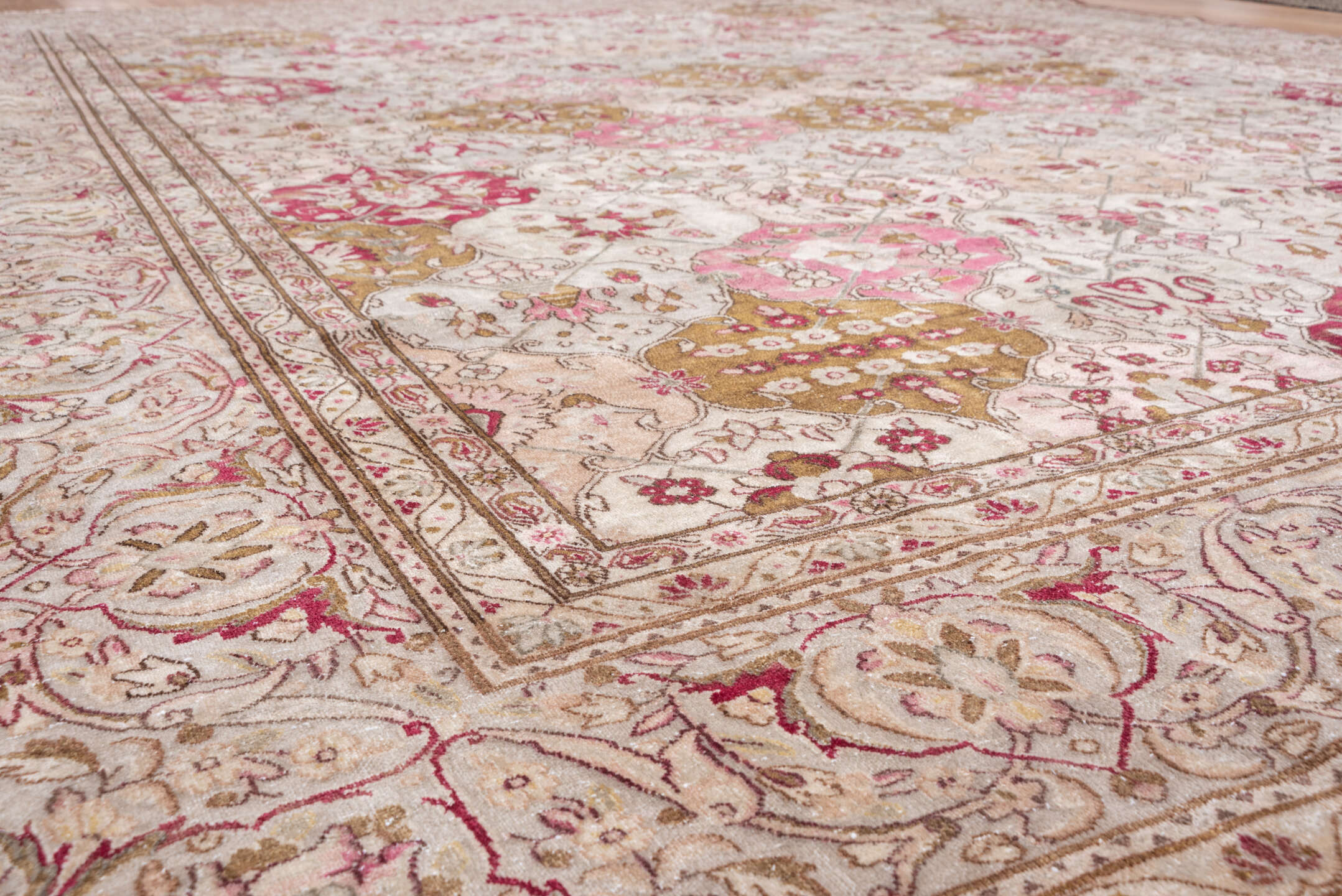 10' x 12' one-of-a-kind handmade antique Kerman large size rug. Color palette: ivory, rose, burgundy, taupe, camel, blush