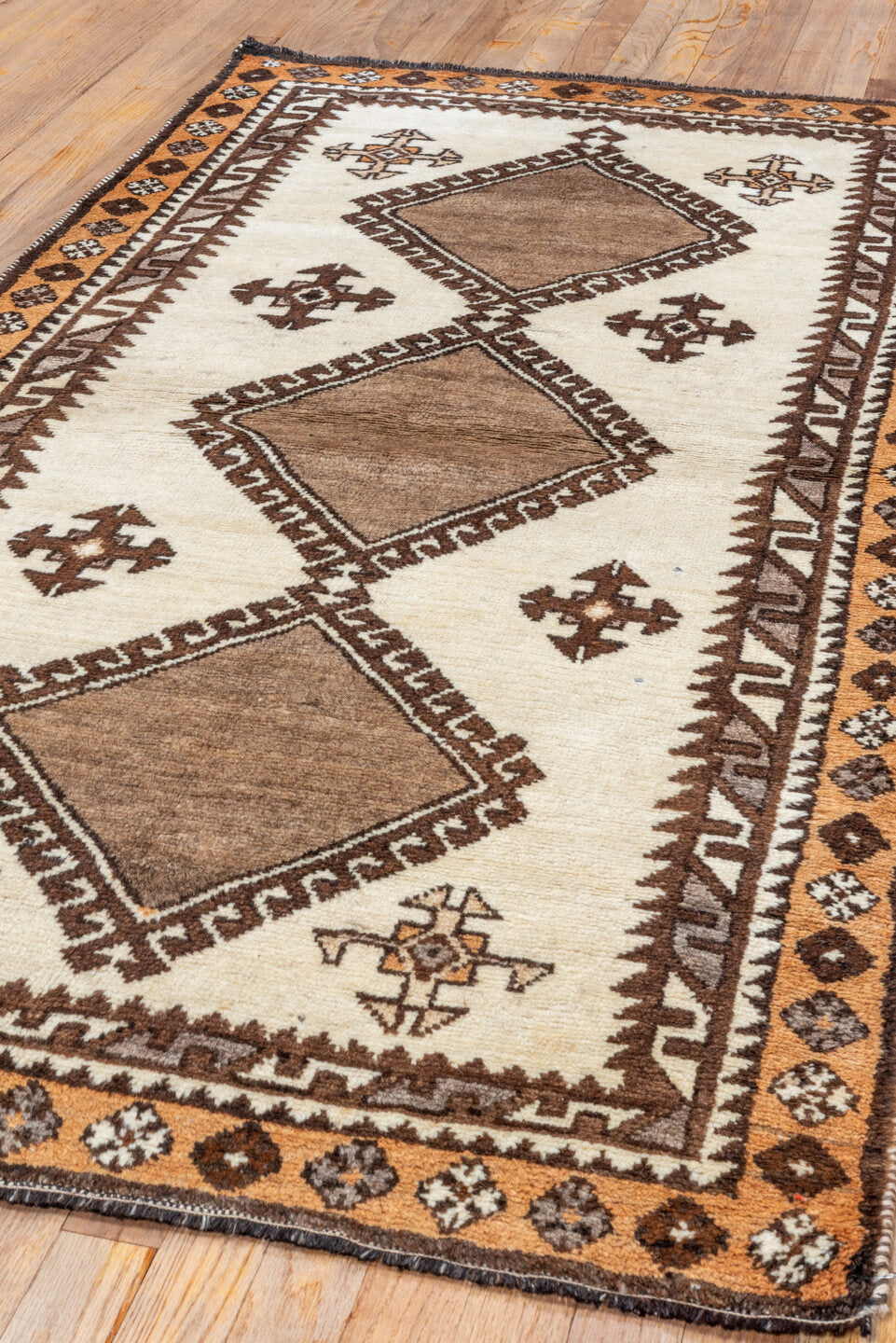 3' x 6' one-of-a-kind handmade vintage Gabbe runner rug. Color palette: brown, dark gray, gray, light gray, off-white, pink