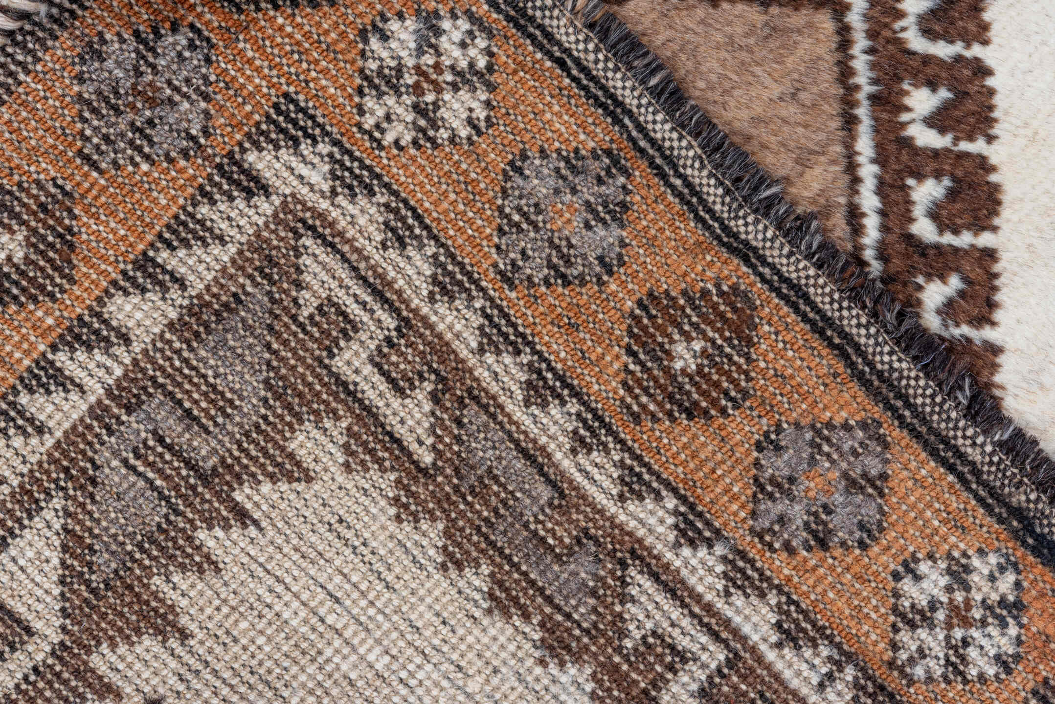 3' x 6' one-of-a-kind handmade vintage Gabbe runner rug. Color palette: brown, dark gray, gray, light gray, off-white, pink