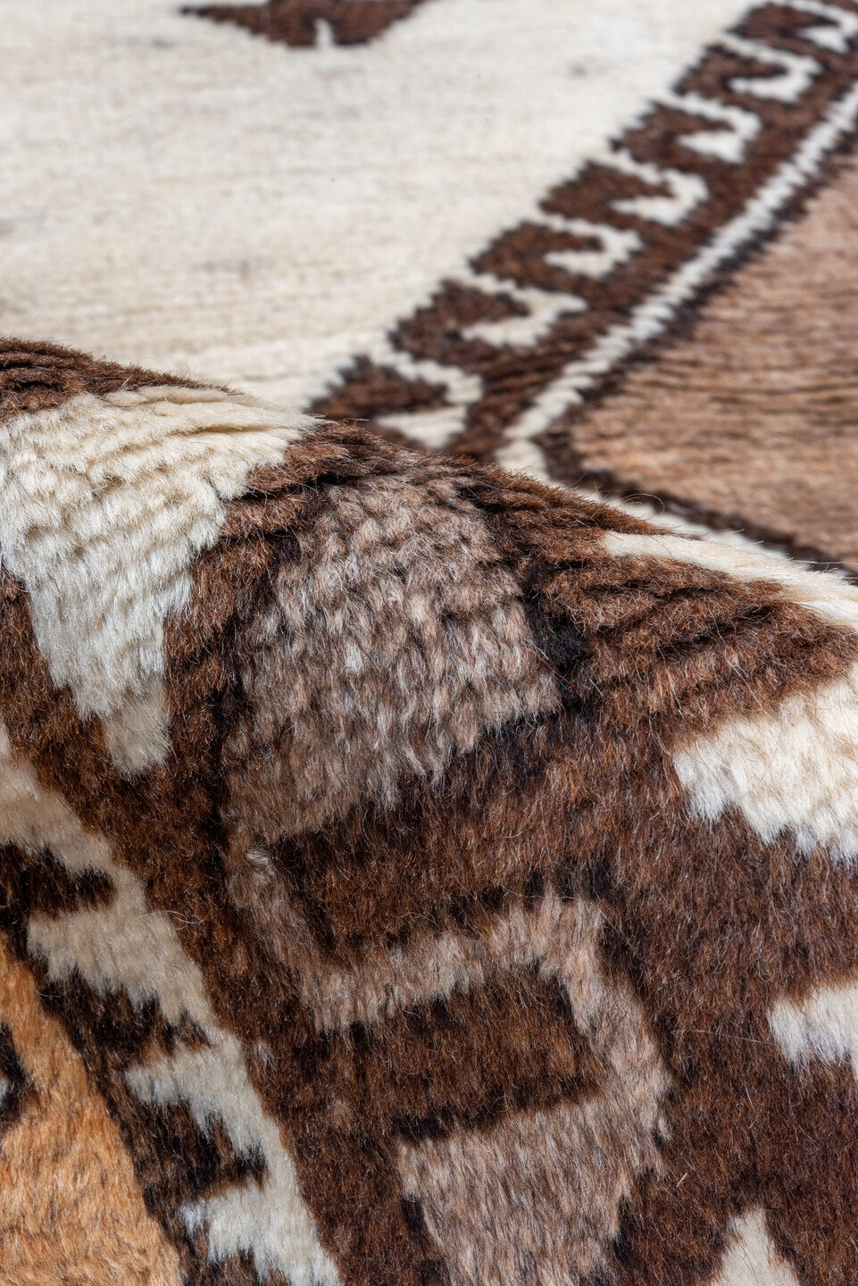 3' x 6' one-of-a-kind handmade vintage Gabbe runner rug. Color palette: brown, dark gray, gray, light gray, off-white, pink