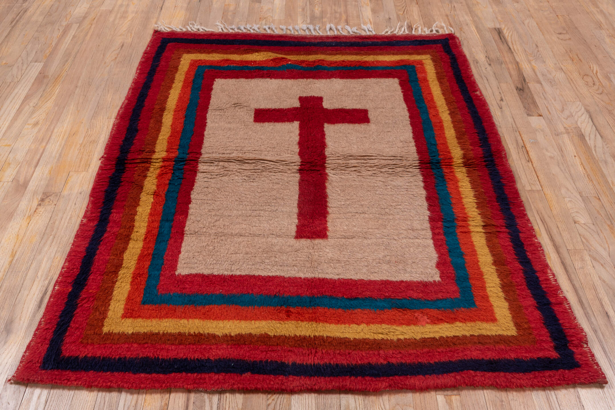 4' x 6' one-of-a-kind handmade vintage Gabbe rug. Color palette: taupe, crimson, indigo, gold, teal, rust, mahogany, beige