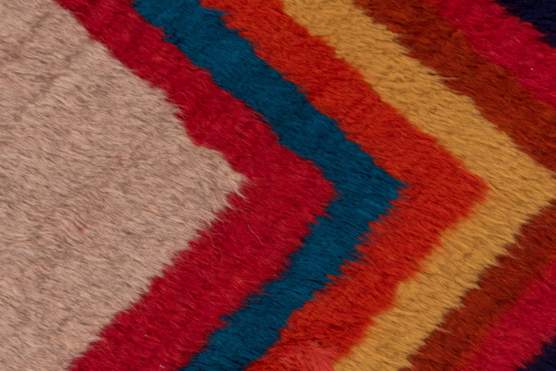 4' x 6' one-of-a-kind handmade vintage Gabbe rug. Color palette: taupe, crimson, indigo, gold, teal, rust, mahogany, beige