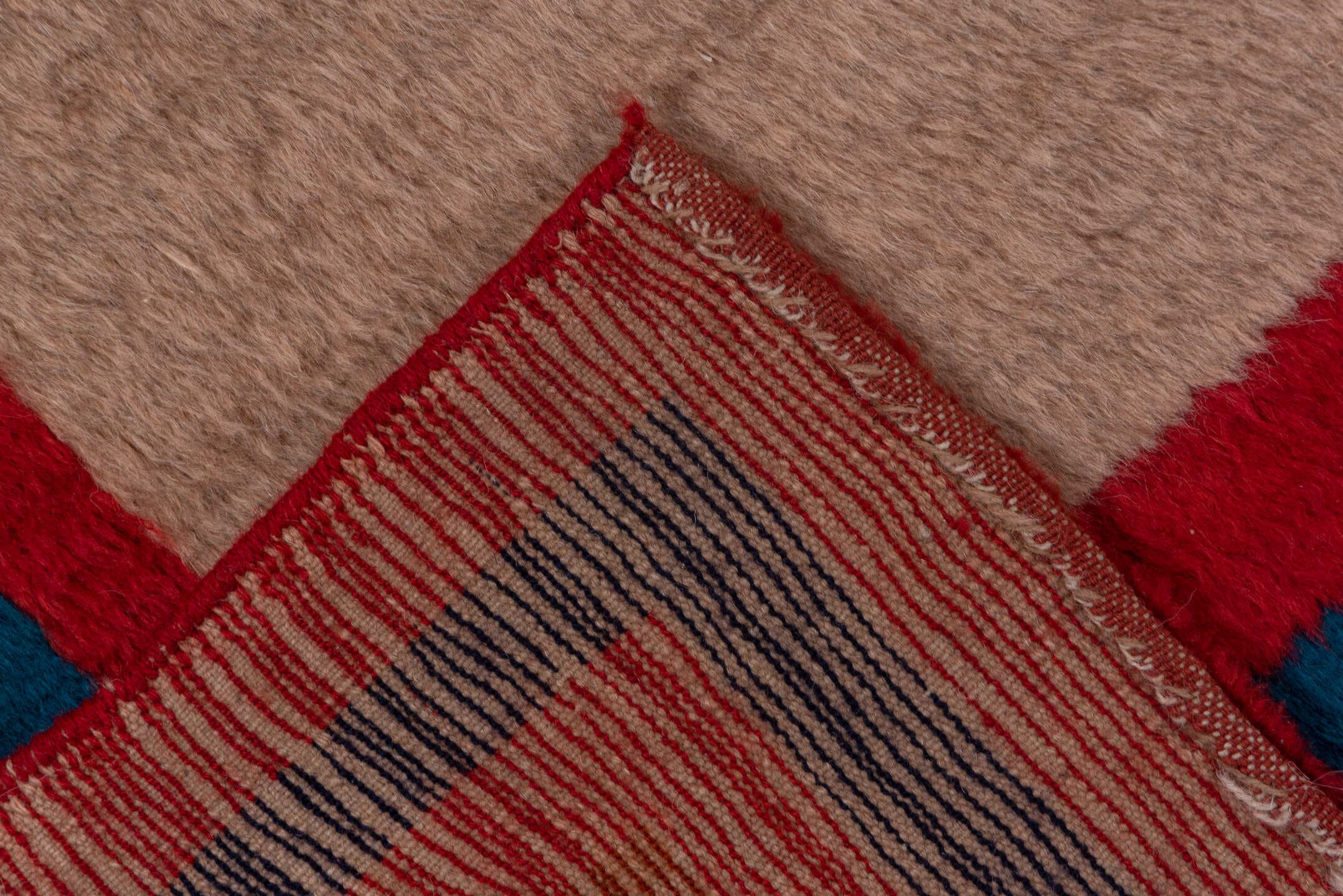 4' x 6' one-of-a-kind handmade vintage Gabbe rug. Color palette: taupe, crimson, indigo, gold, teal, rust, mahogany, beige