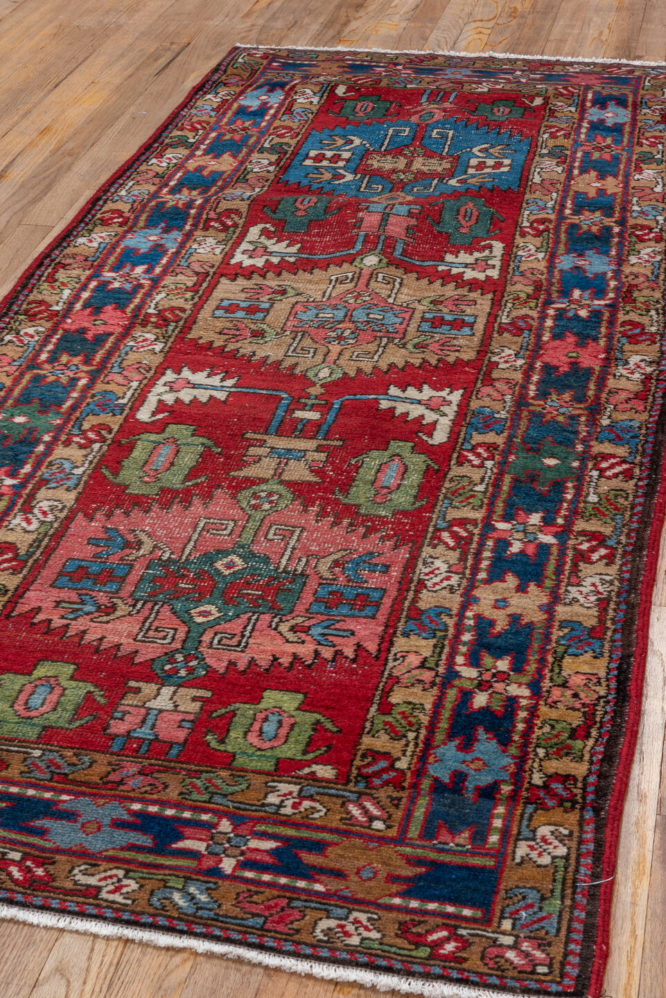 3' x 7' one-of-a-kind handmade vintage Heriz runner rug. Color palette: arapawa, blue, brown, dark gray, gray, pink, red