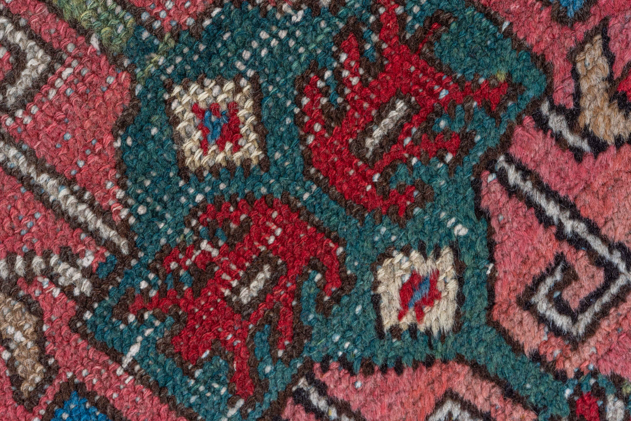 3' x 7' one-of-a-kind handmade vintage Heriz runner rug. Color palette: arapawa, blue, brown, dark gray, gray, pink, red