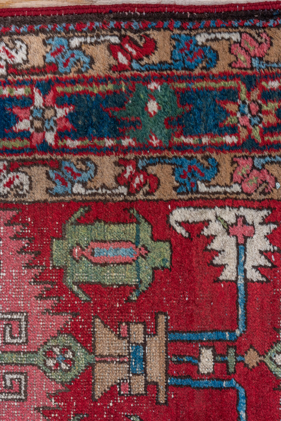 3' x 7' one-of-a-kind handmade vintage Heriz runner rug. Color palette: arapawa, blue, brown, dark gray, gray, pink, red