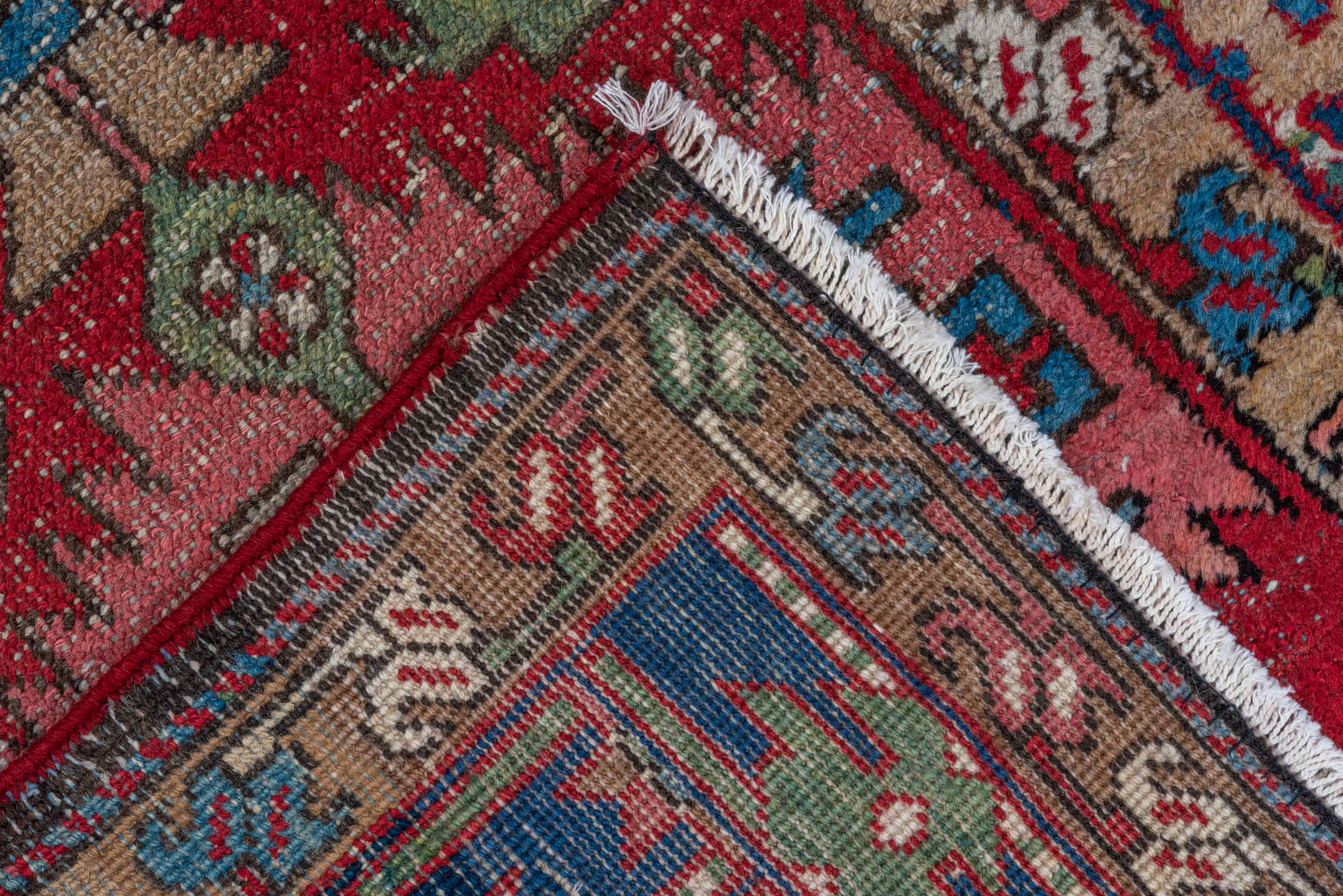 3' x 7' one-of-a-kind handmade vintage Heriz runner rug. Color palette: arapawa, blue, brown, dark gray, gray, pink, red