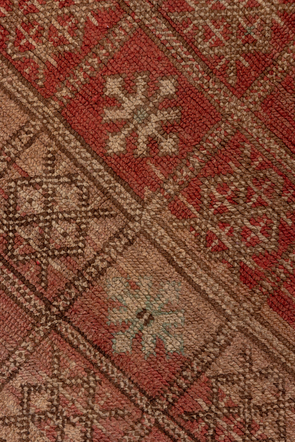 4' x 7' one-of-a-kind handmade vintage Moroccan rug. Color palette: brown, gray, off-white, pink, red, redwood, snow, white