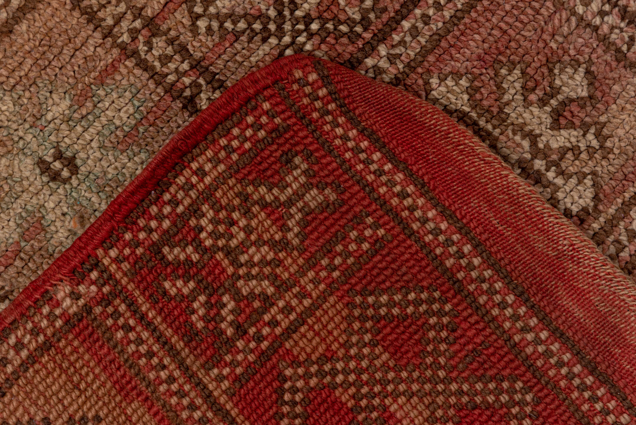 4' x 7' one-of-a-kind handmade vintage Moroccan rug. Color palette: brown, gray, off-white, pink, red, redwood, snow, white