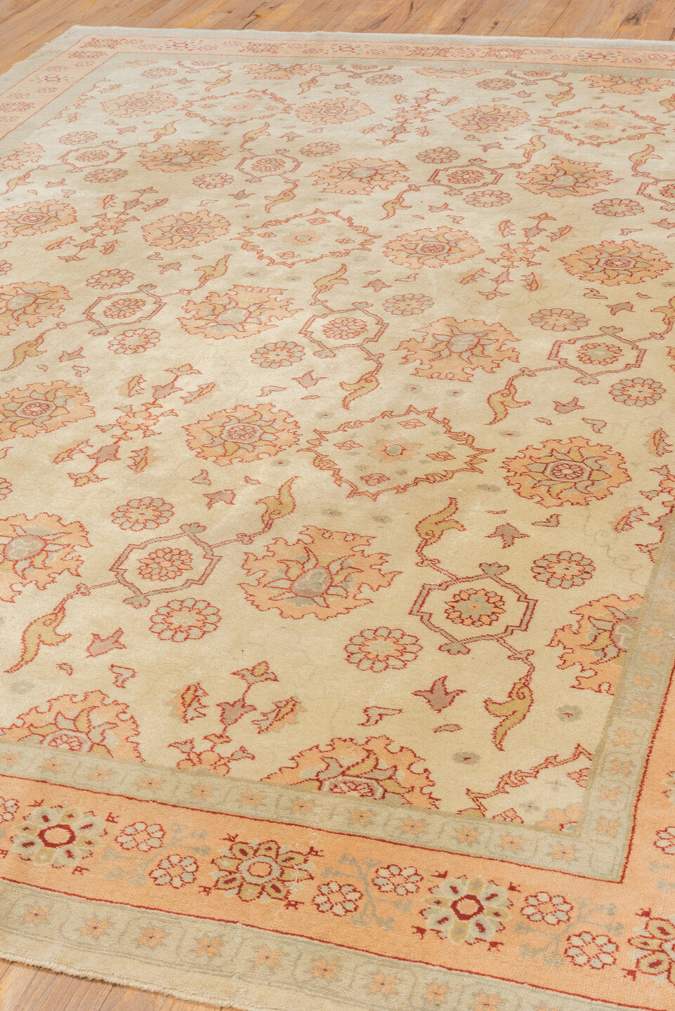 7' x 10' one-of-a-kind handmade vintage Oushak large size rug. Color palette: ivory, blush, peach, taupe, sand, rose, pink