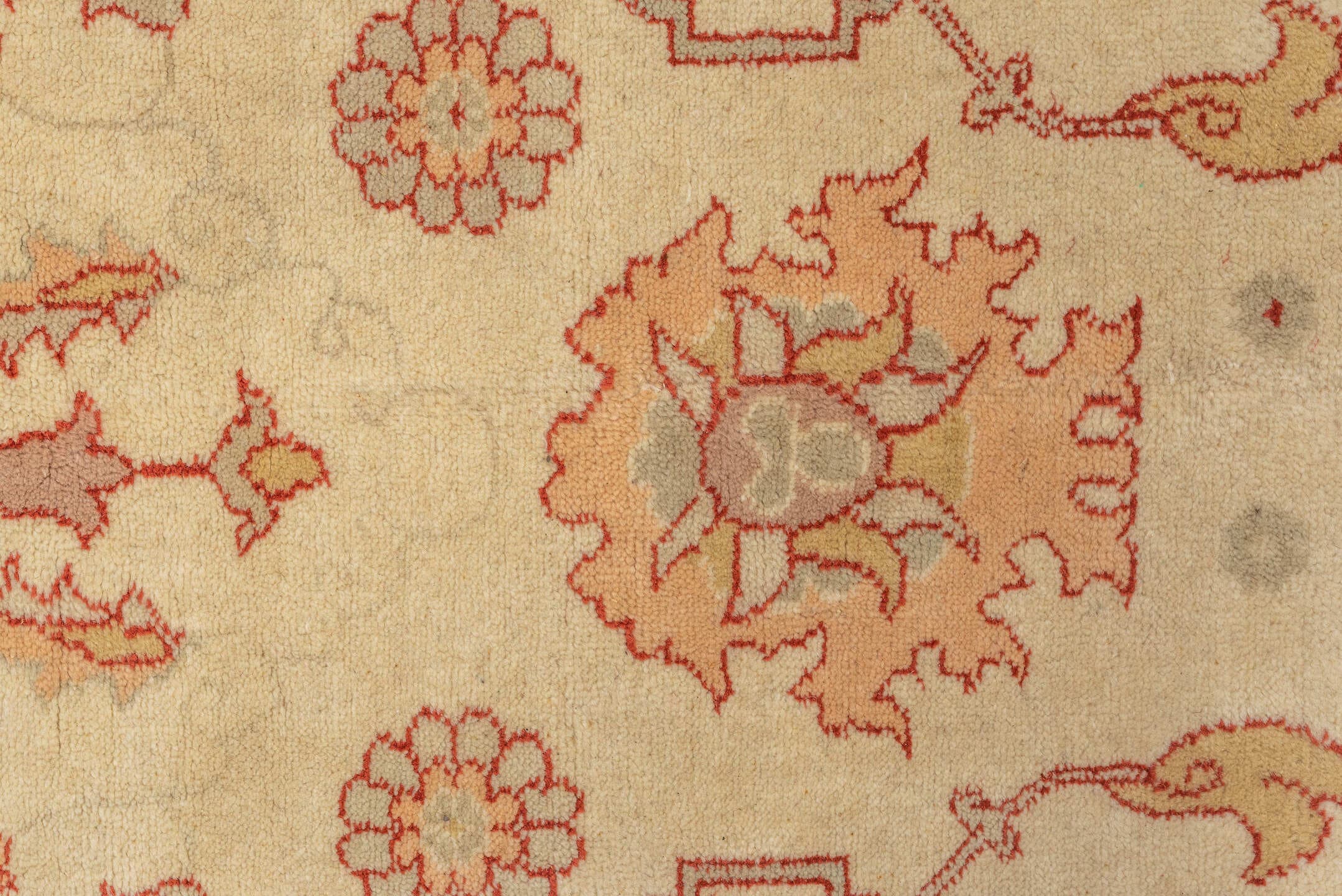 7' x 10' one-of-a-kind handmade vintage Oushak large size rug. Color palette: ivory, blush, peach, taupe, sand, rose, pink