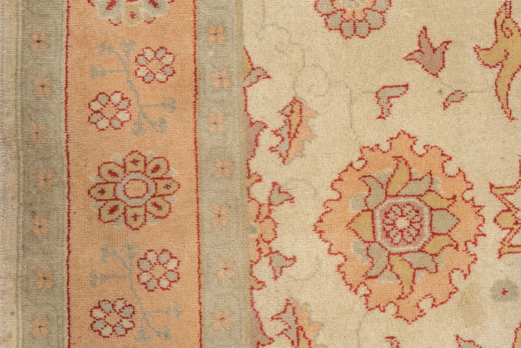 7' x 10' one-of-a-kind handmade vintage Oushak large size rug. Color palette: ivory, blush, peach, taupe, sand, rose, pink
