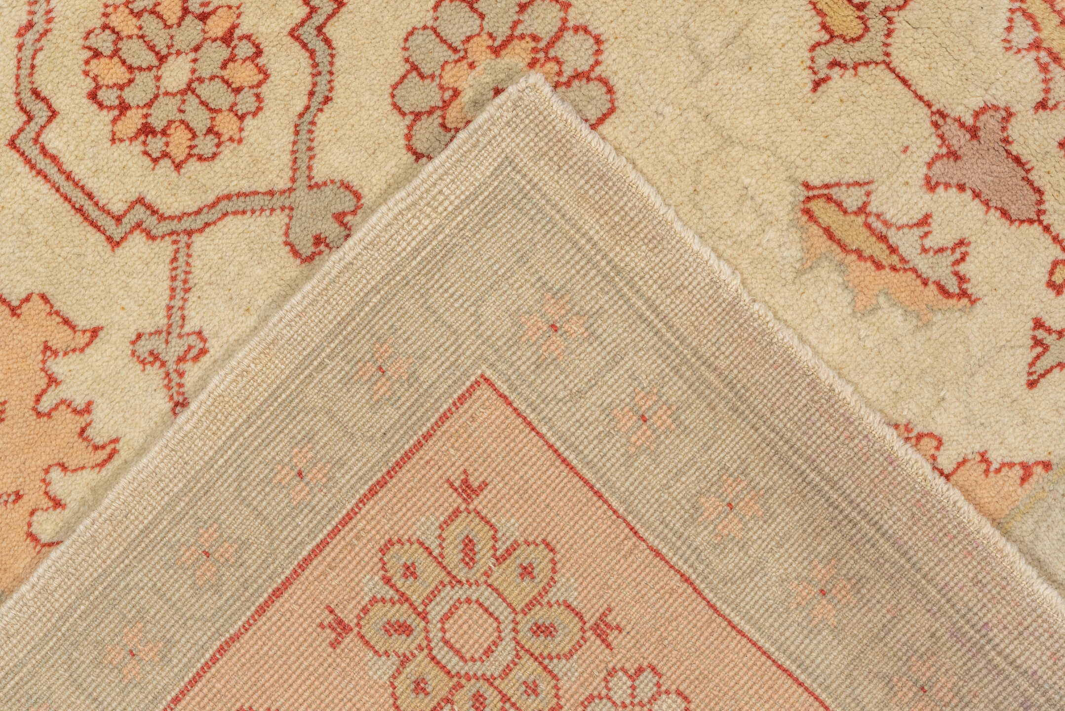 7' x 10' one-of-a-kind handmade vintage Oushak large size rug. Color palette: ivory, blush, peach, taupe, sand, rose, pink