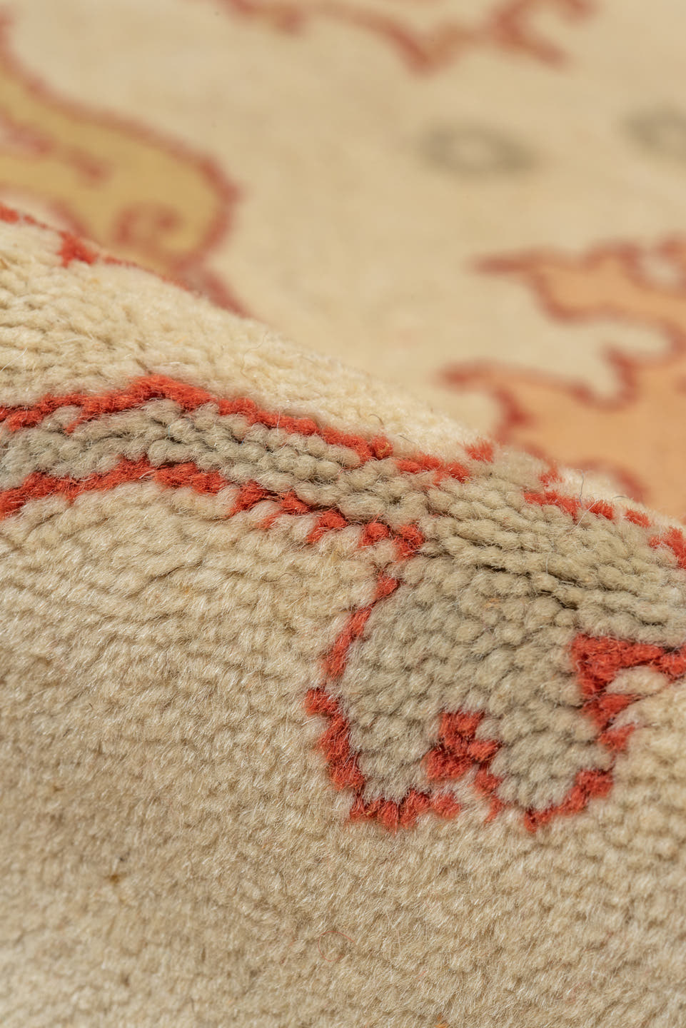 7' x 10' one-of-a-kind handmade vintage Oushak large size rug. Color palette: ivory, blush, peach, taupe, sand, rose, pink