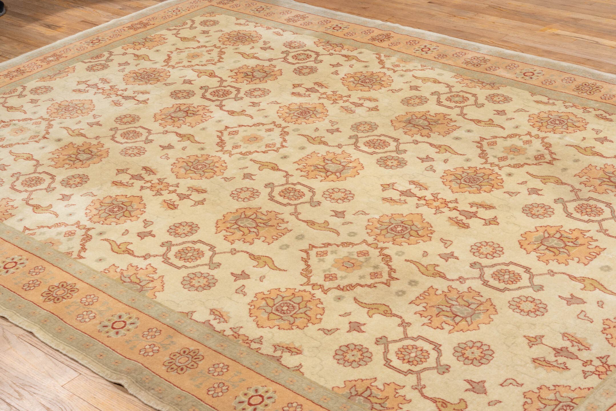 7' x 10' one-of-a-kind handmade vintage Oushak large size rug. Color palette: ivory, blush, peach, taupe, sand, rose, pink