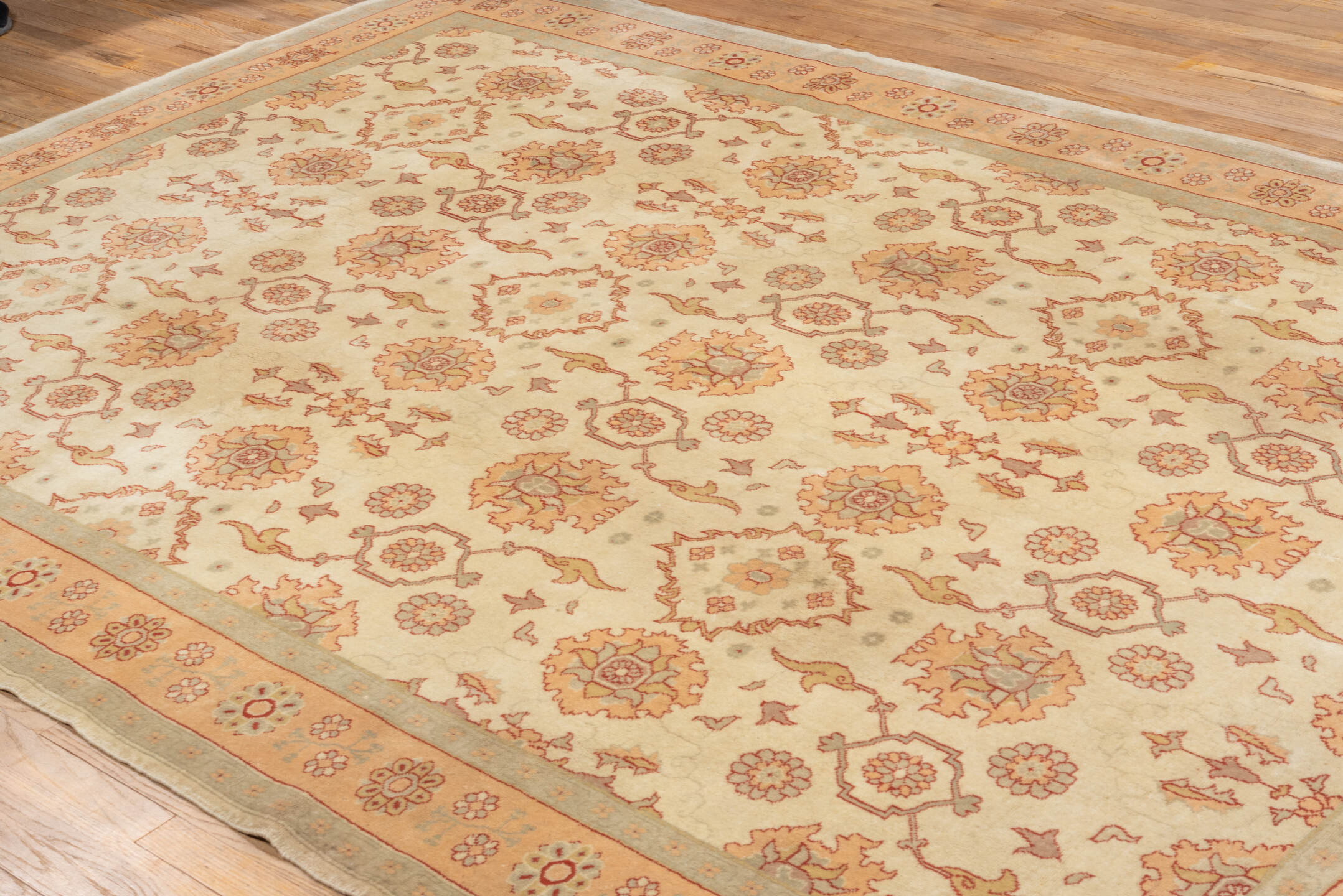 7' x 10' one-of-a-kind handmade vintage Oushak large size rug. Color palette: ivory, blush, peach, taupe, sand, rose, pink