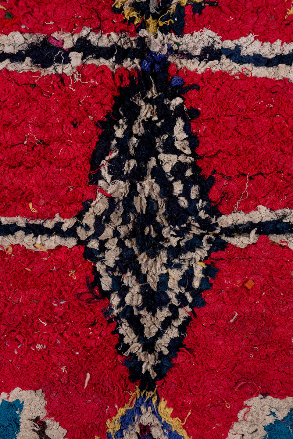 4' x 6' one-of-a-kind handmade vintage Moroccan small size rug. Color palette: crimson, ivory, charcoal, teal, pink, gray