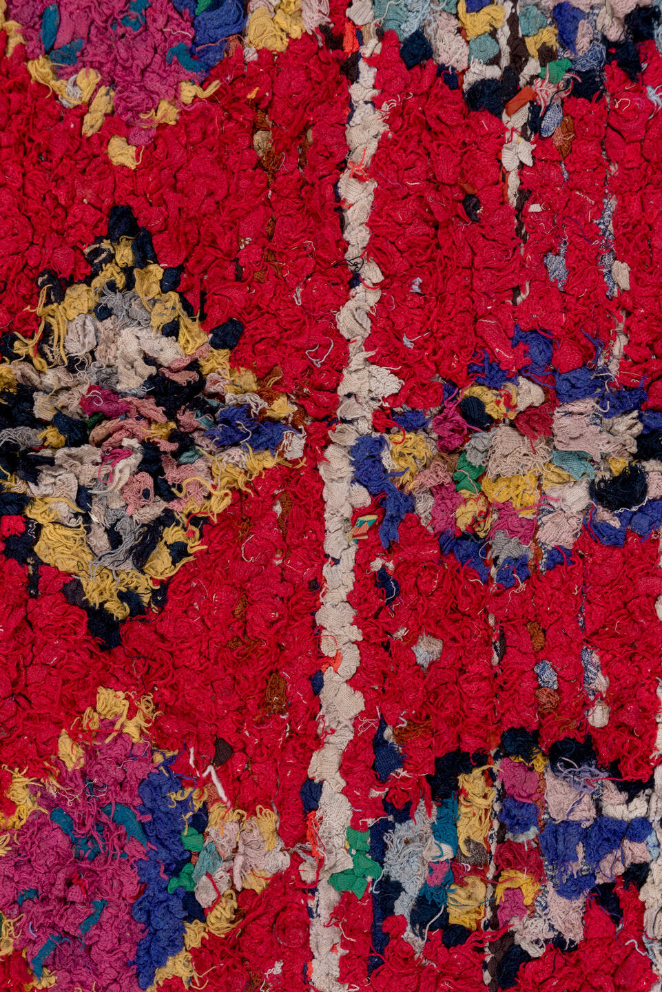 4' x 6' one-of-a-kind handmade vintage Moroccan small size rug. Color palette: crimson, ivory, charcoal, teal, pink, gray