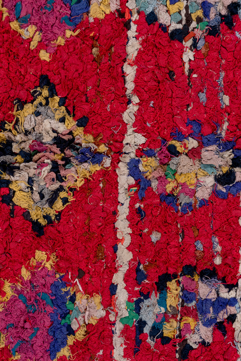 4' x 6' one-of-a-kind handmade vintage Moroccan small size rug. Color palette: crimson, ivory, charcoal, teal, pink, gray