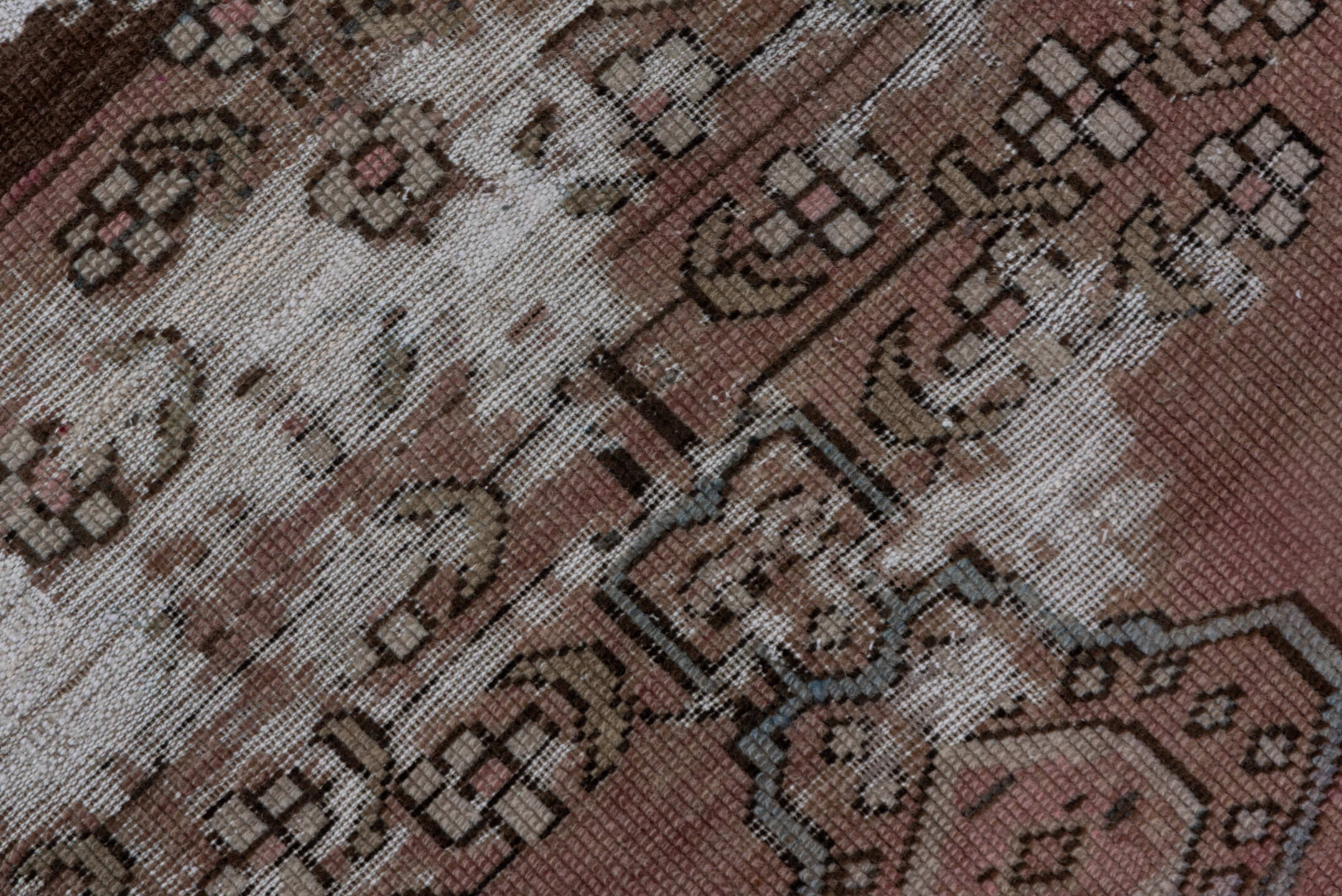 4' x 6' one-of-a-kind handmade antique Caucasian small size rug. Color palette: brown, rose, taupe, ivory, slate, burgundy
