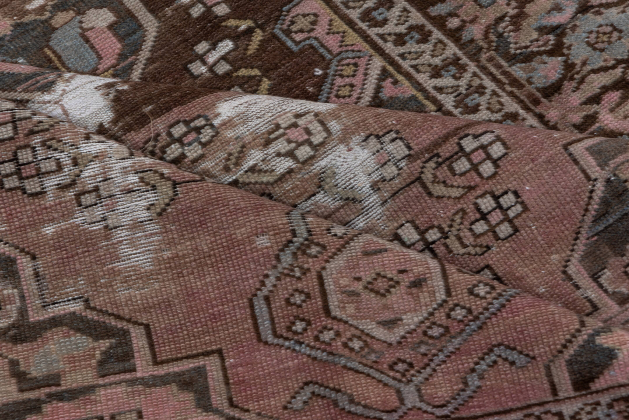 4' x 6' one-of-a-kind handmade antique Caucasian small size rug. Color palette: brown, rose, taupe, ivory, slate, burgundy