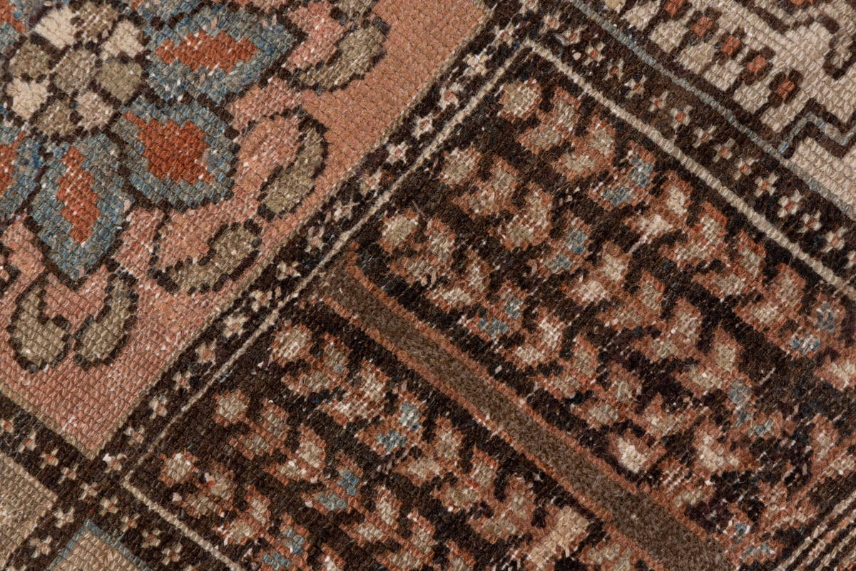 4' x 6' one-of-a-kind handmade antique Baktiary small size rug. Color palette: taupe, rose, brown, ivory, muted blue