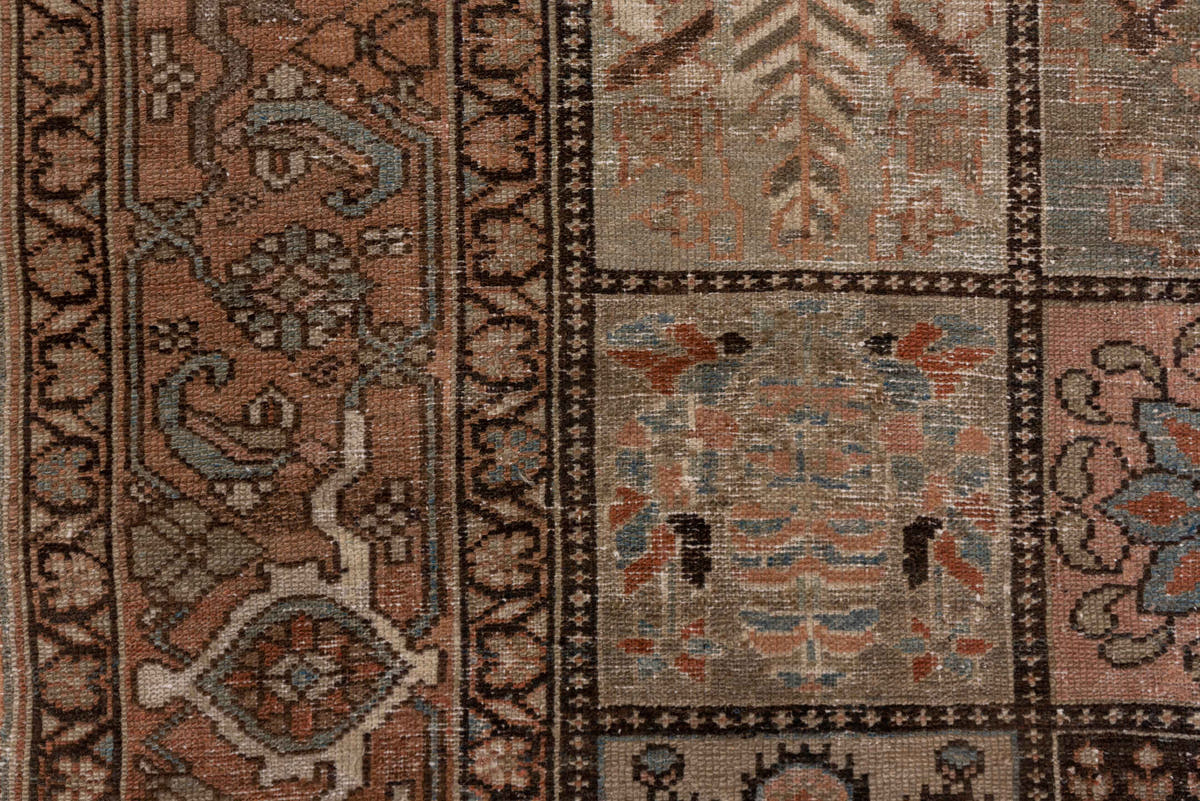 4' x 6' one-of-a-kind handmade antique Baktiary small size rug. Color palette: taupe, rose, brown, ivory, muted blue