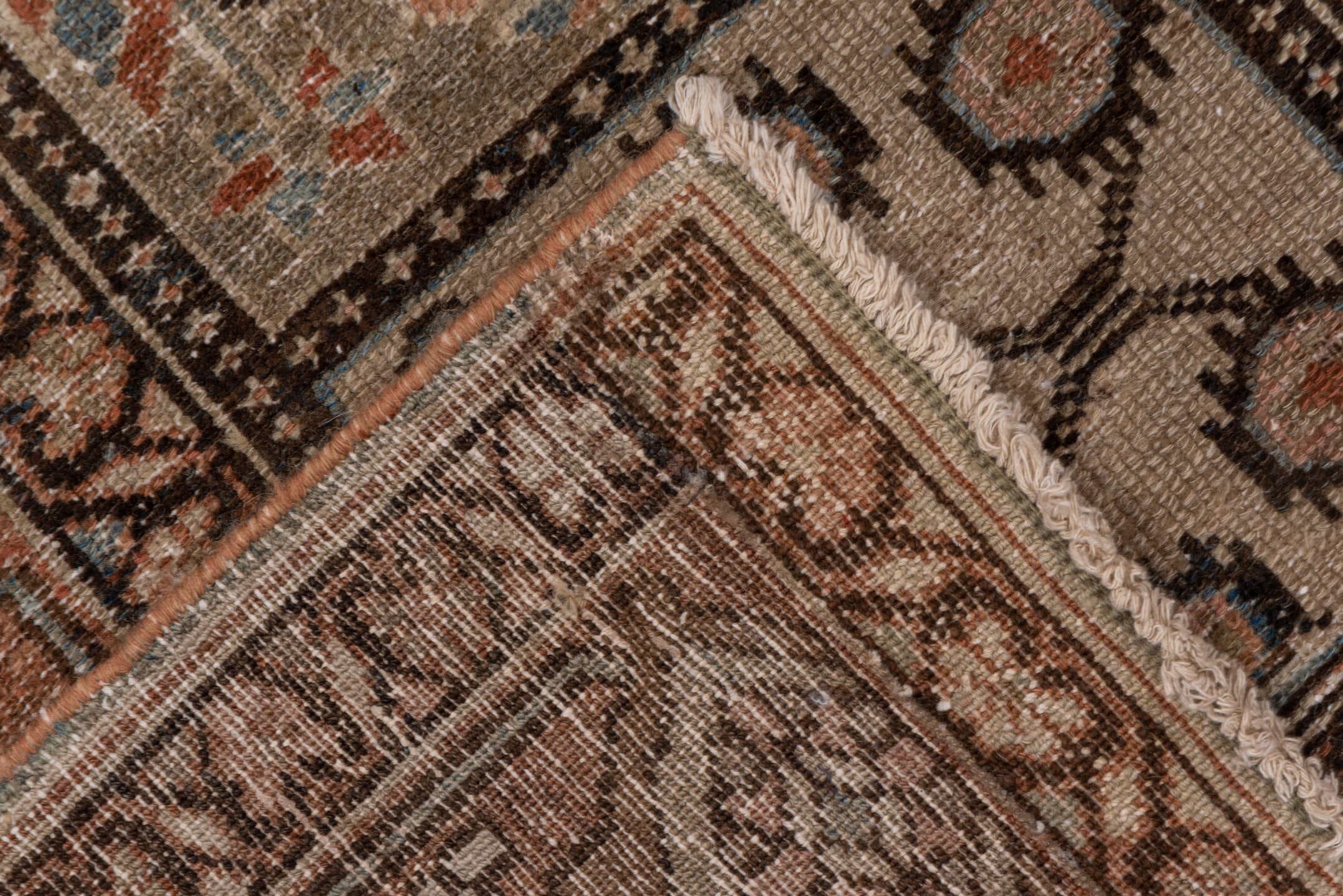 4' x 6' one-of-a-kind handmade antique Baktiary small size rug. Color palette: taupe, rose, brown, ivory, muted blue