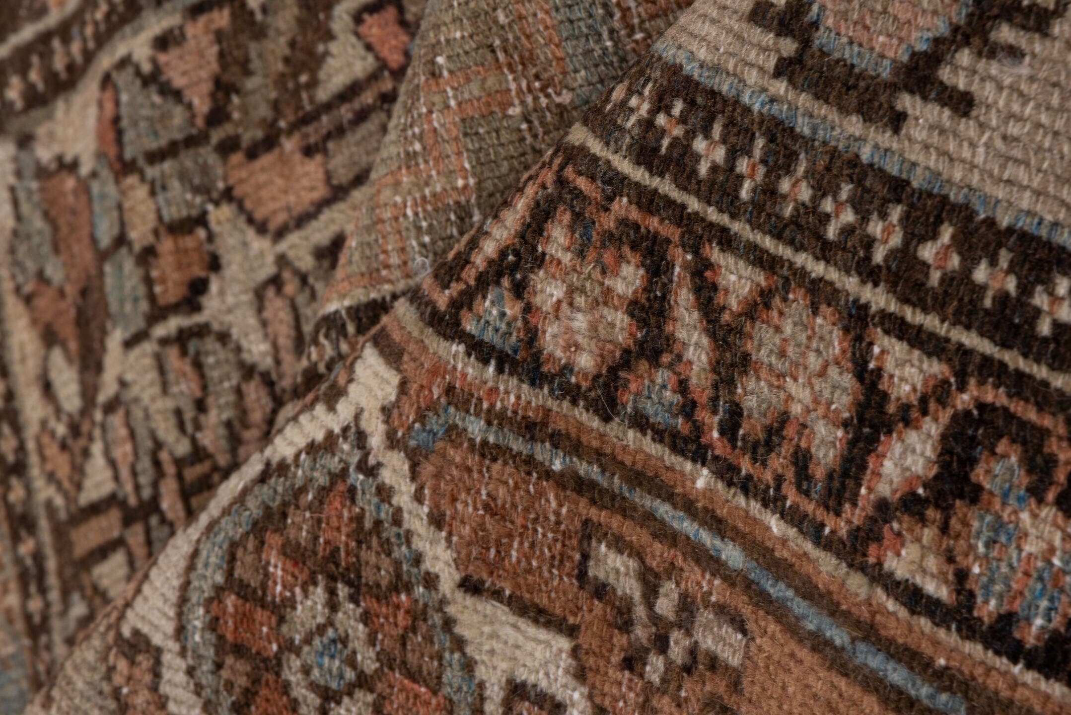 4' x 6' one-of-a-kind handmade antique Baktiary small size rug. Color palette: taupe, rose, brown, ivory, muted blue