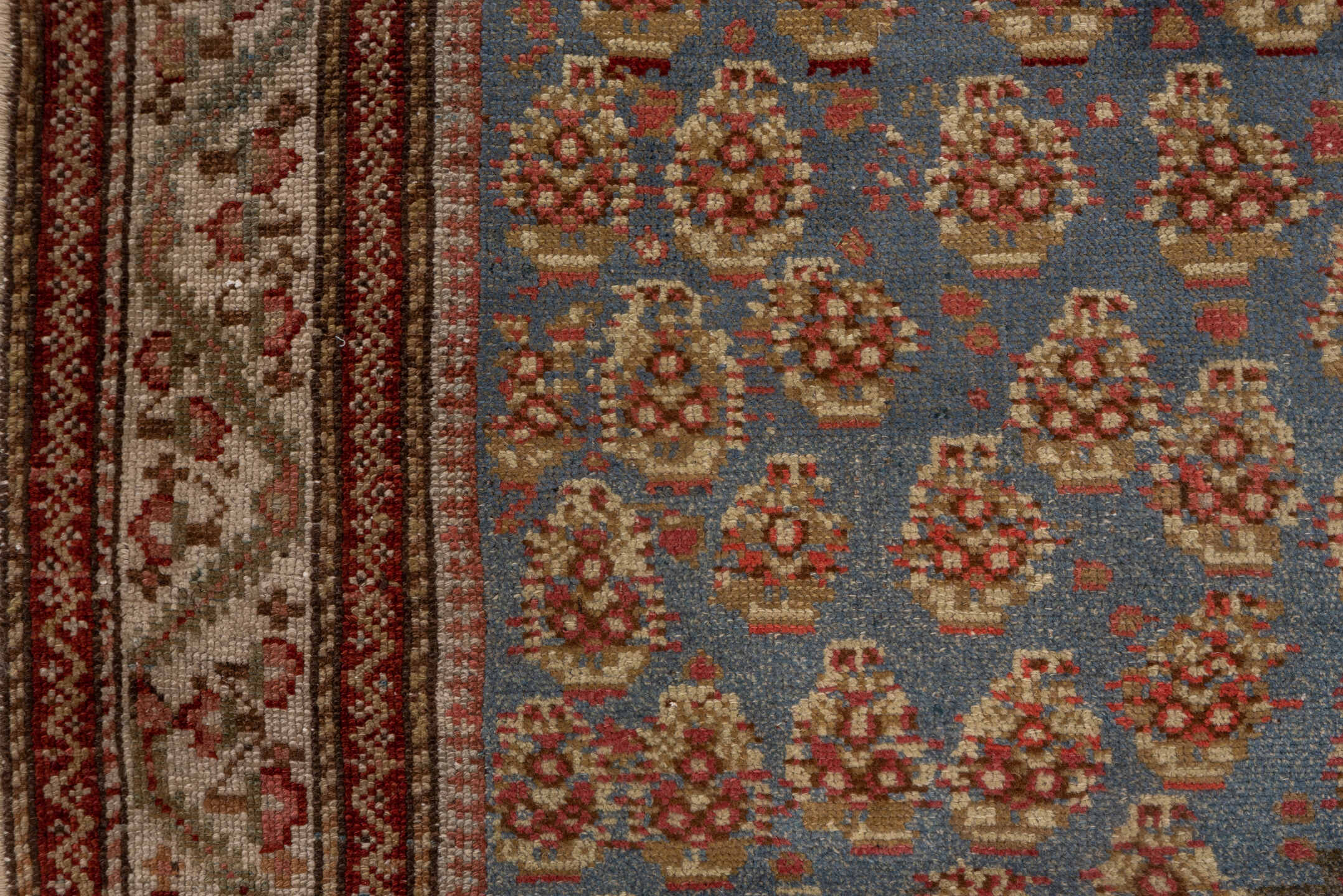 4' x 10' one-of-a-kind handmade antique Malayer runner rug. Color palette: blue, ivory, rust, brown, taupe, terracotta