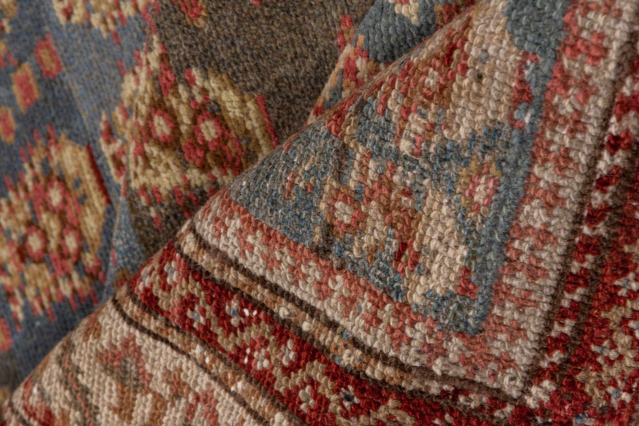 4' x 10' one-of-a-kind handmade antique Malayer runner rug. Color palette: blue, ivory, rust, brown, taupe, terracotta