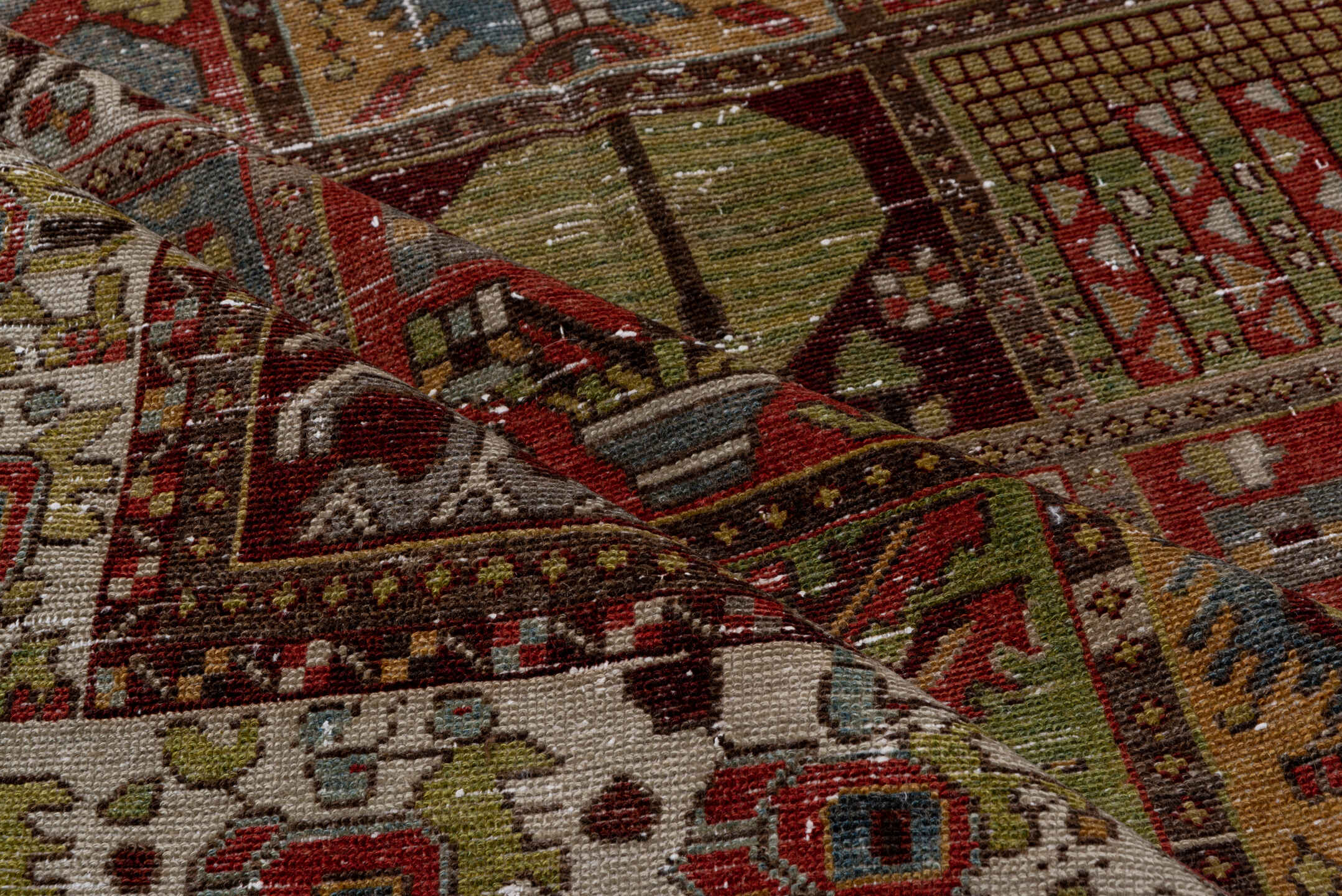 6' x 10' one-of-a-kind handmade antique Baktiary large size rug. Color palette: ivory, rust, olive, burgundy, blue, taupe