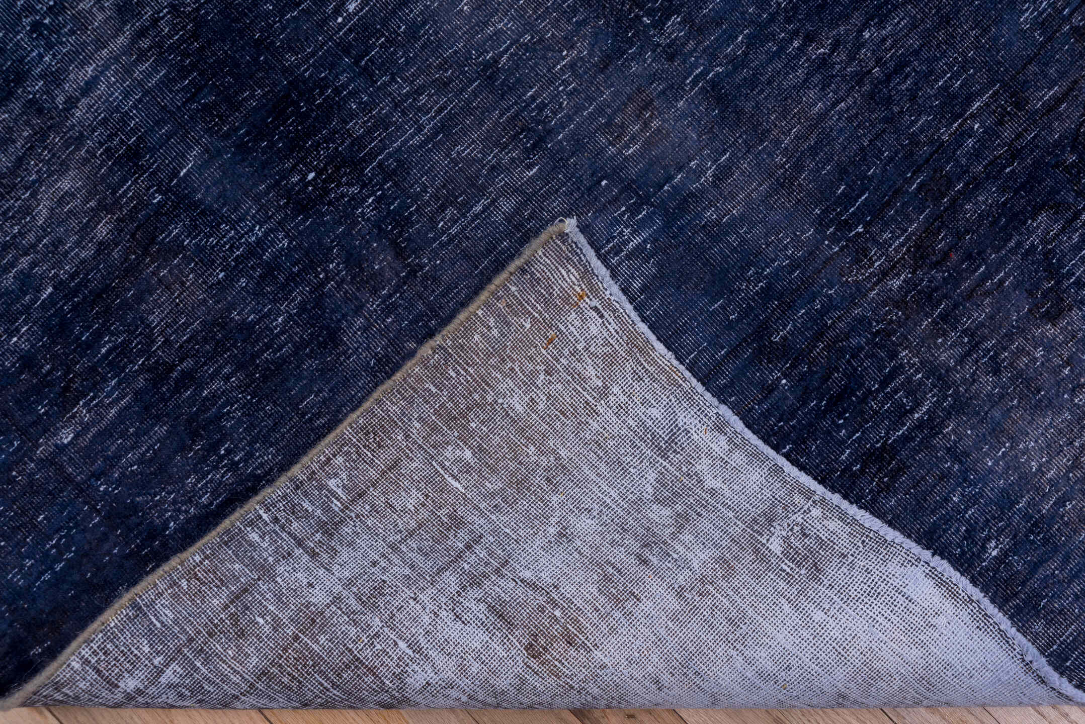 9' x 13' one-of-a-kind handmade vintage Overdyed large size rug. Color palette: indigo, navy, slate, charcoal, ivory, purple